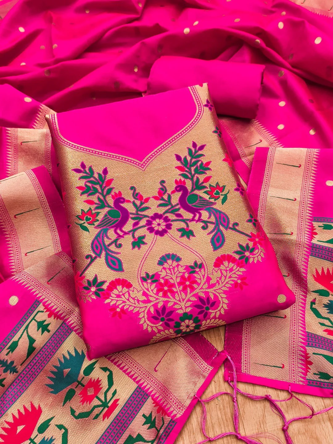 Luxury Rani Pink Floral & Peacock Design Zari Weaving Banarasi Silk Dress Material - Image 4
