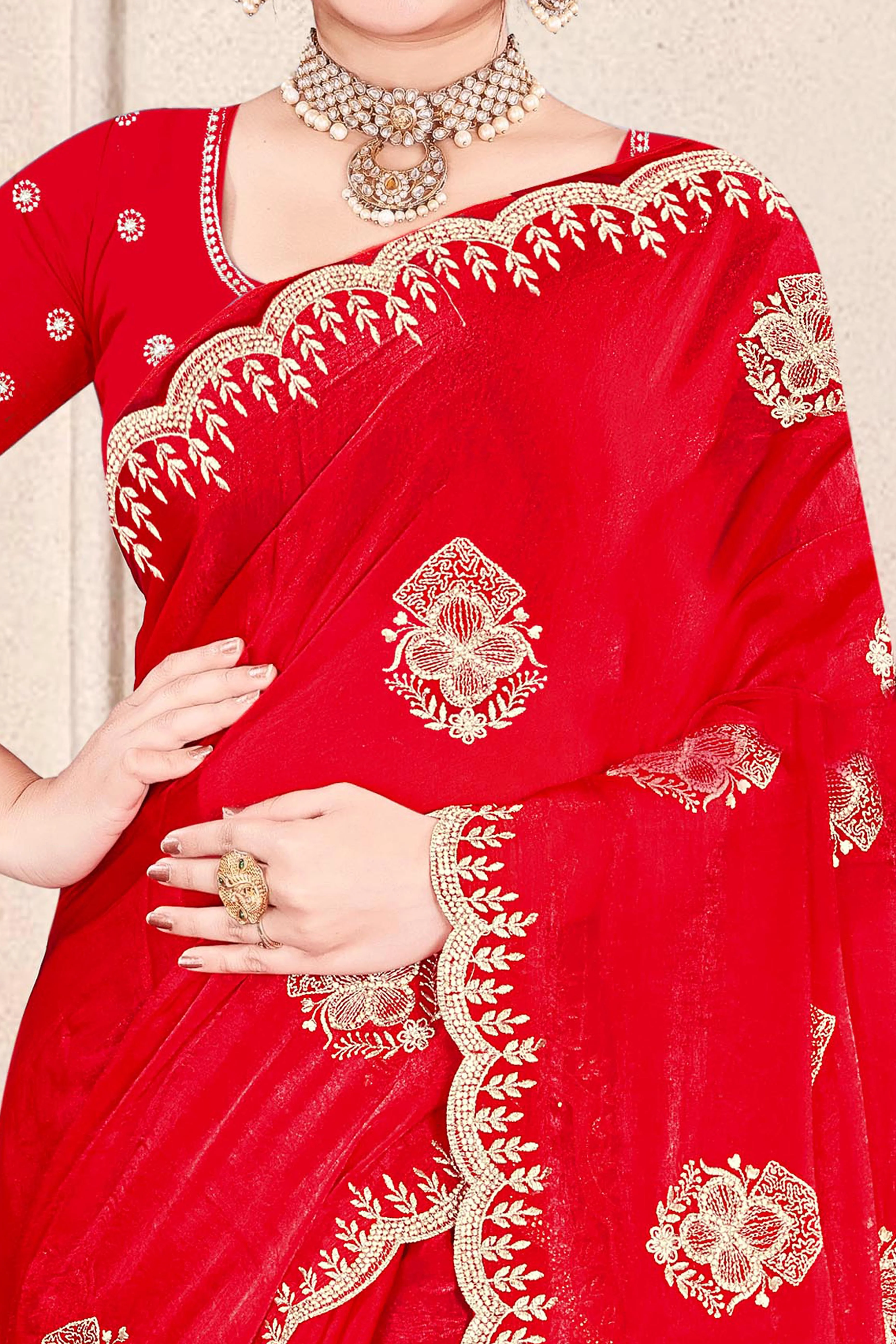 Luxury Red Floral Zari Embroidery With Sparkling Diamond Work Organza Satin Silk Saree - Image 2