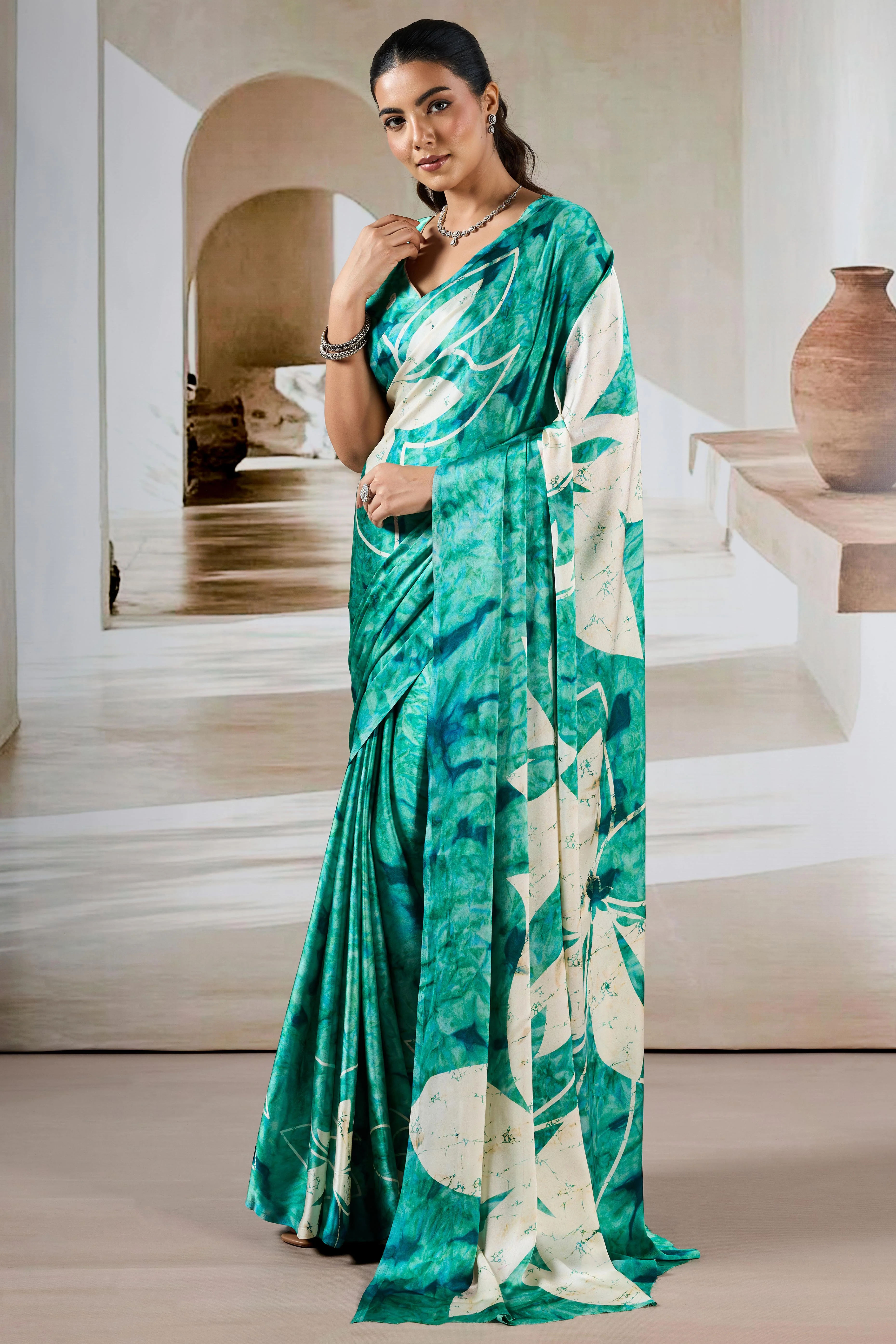 Luxury Sea Green Abstract & Floral Prism Print Modal Satin Saree Featuring Artistic Work - Image 3