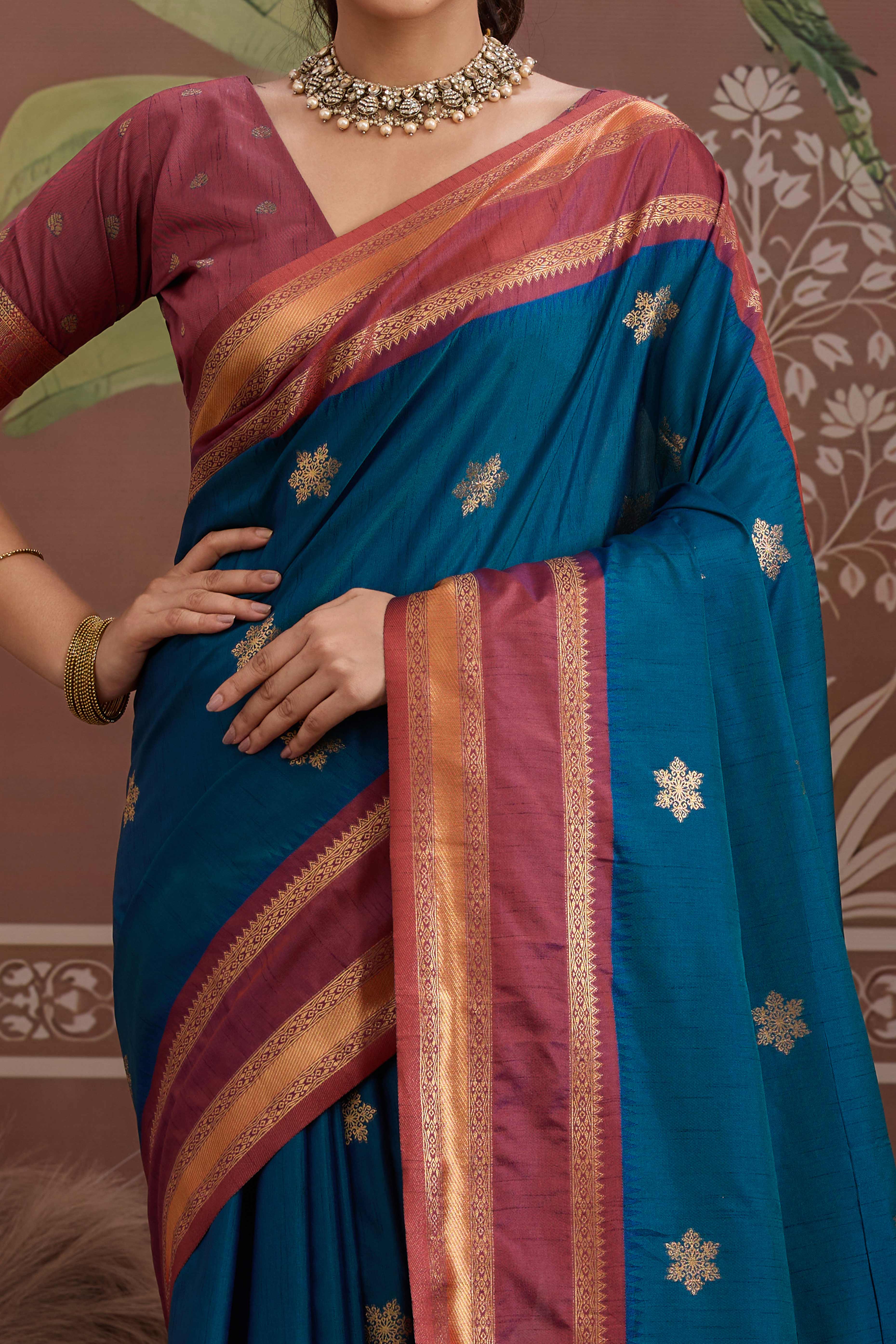 Luxury Style Teal Saree in Silk Blend with Intricate Zari Work - Image 2