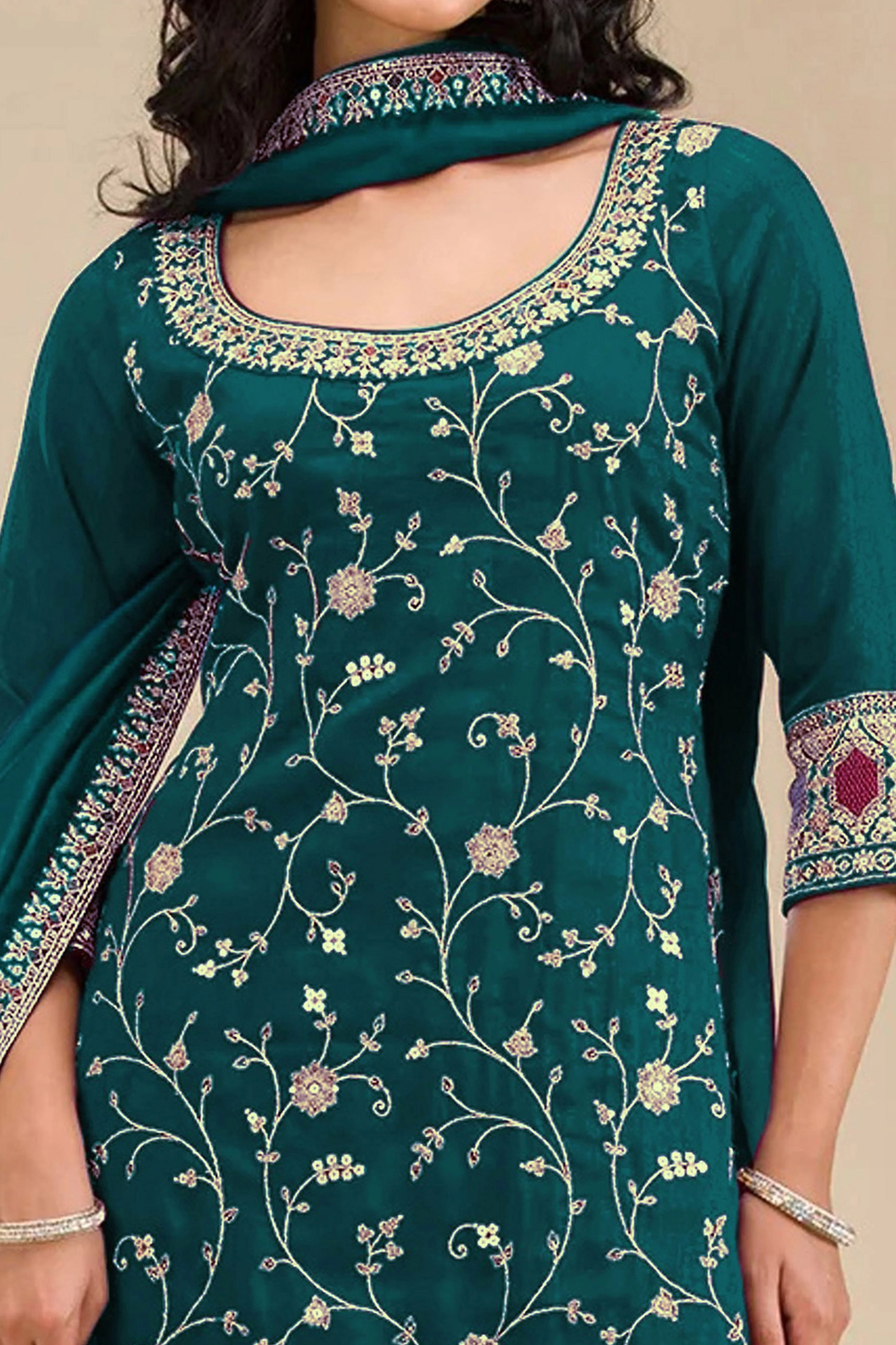 Luxury Teal Floral Embroidered With Sequins Vichitra Silk Semi Stitched Pakistani Salwar Suit - Image 2