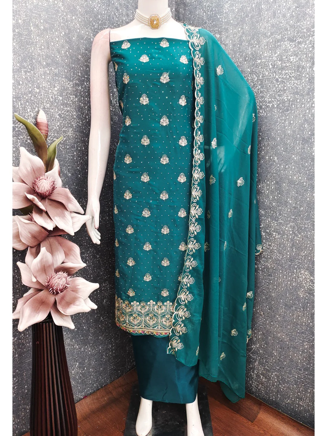 Luxury Teal Floral Embroidery With Sparkling Diamond Work Georgette Dress Material - Image 6