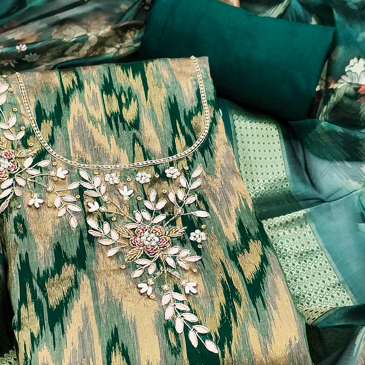 Luxury Teal Green Ikkat Woven Viscose Dress Material Adorned With Floral Pearl & Cutdana Handwork - Image 2