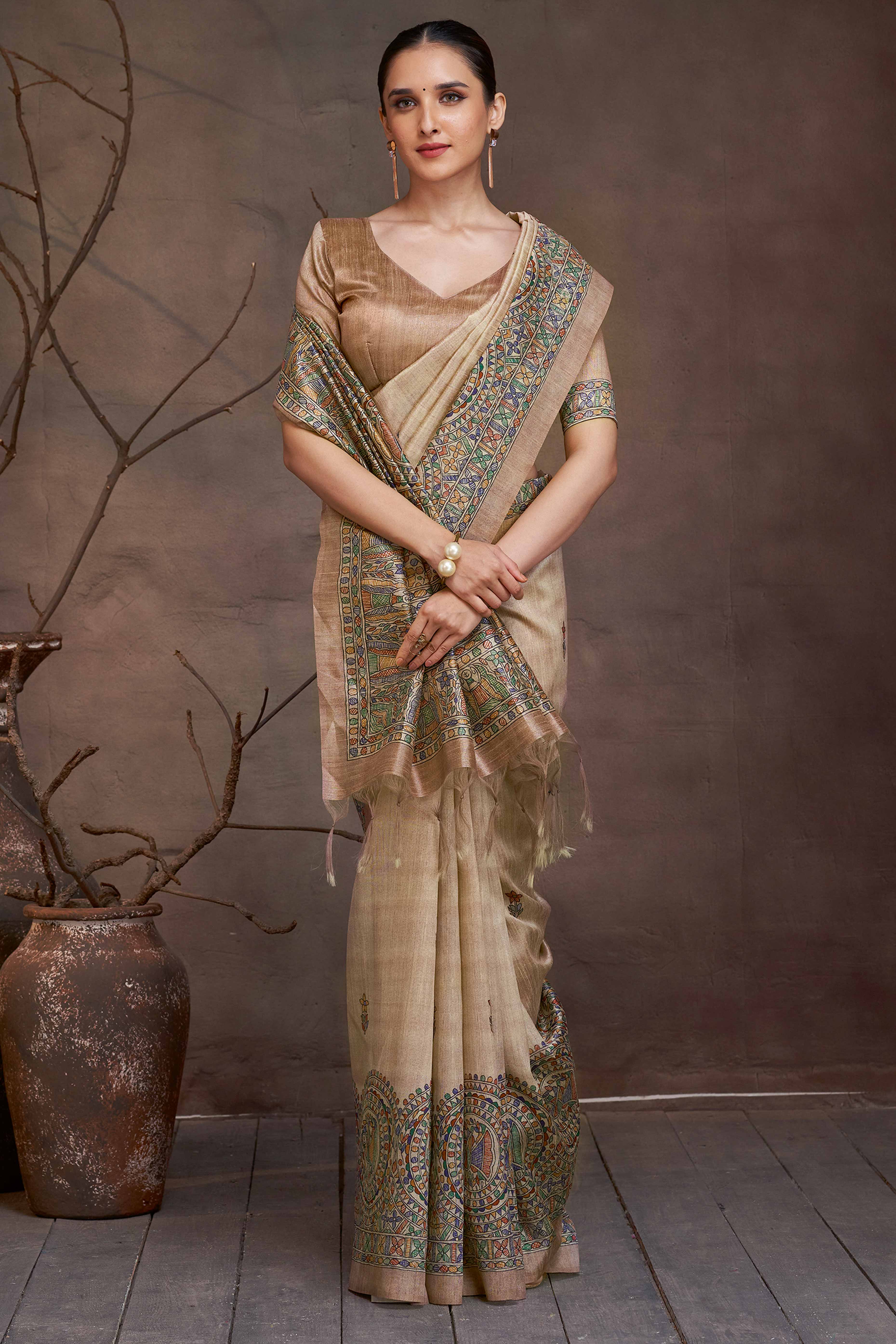 Madhubani Magic Floral Printed Beige Cotton Silk Saree