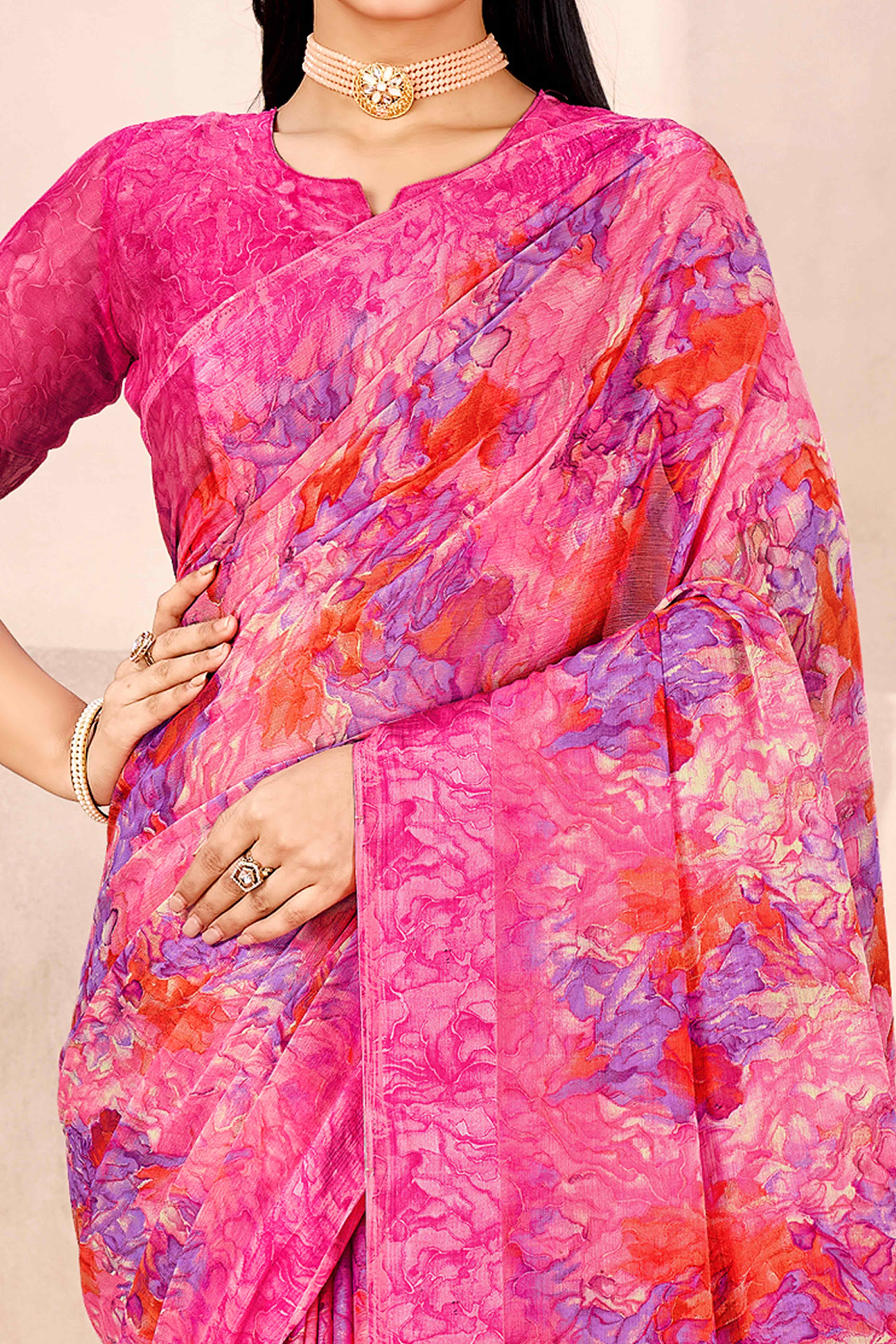 Magenta Chiffon Saree With Delicate Floral Prints & Elegant Woven Border - Image 2