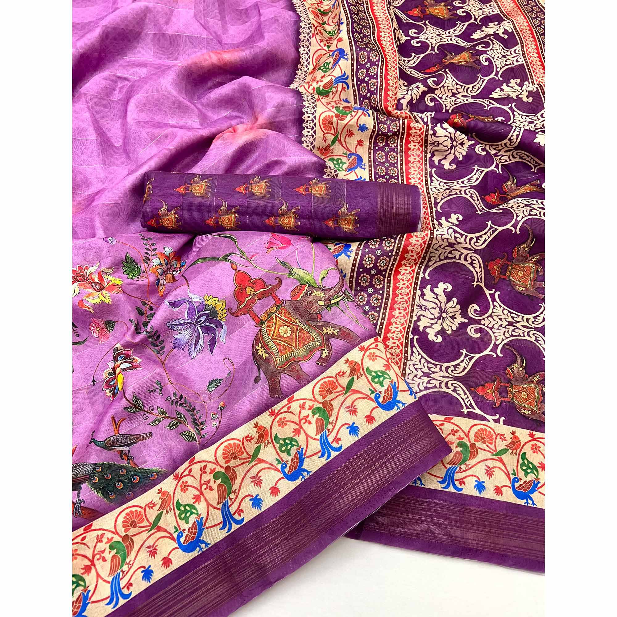 Magenta Cotton Blend Saree Highlighted With Animal & Floral Digital Print - Image 3