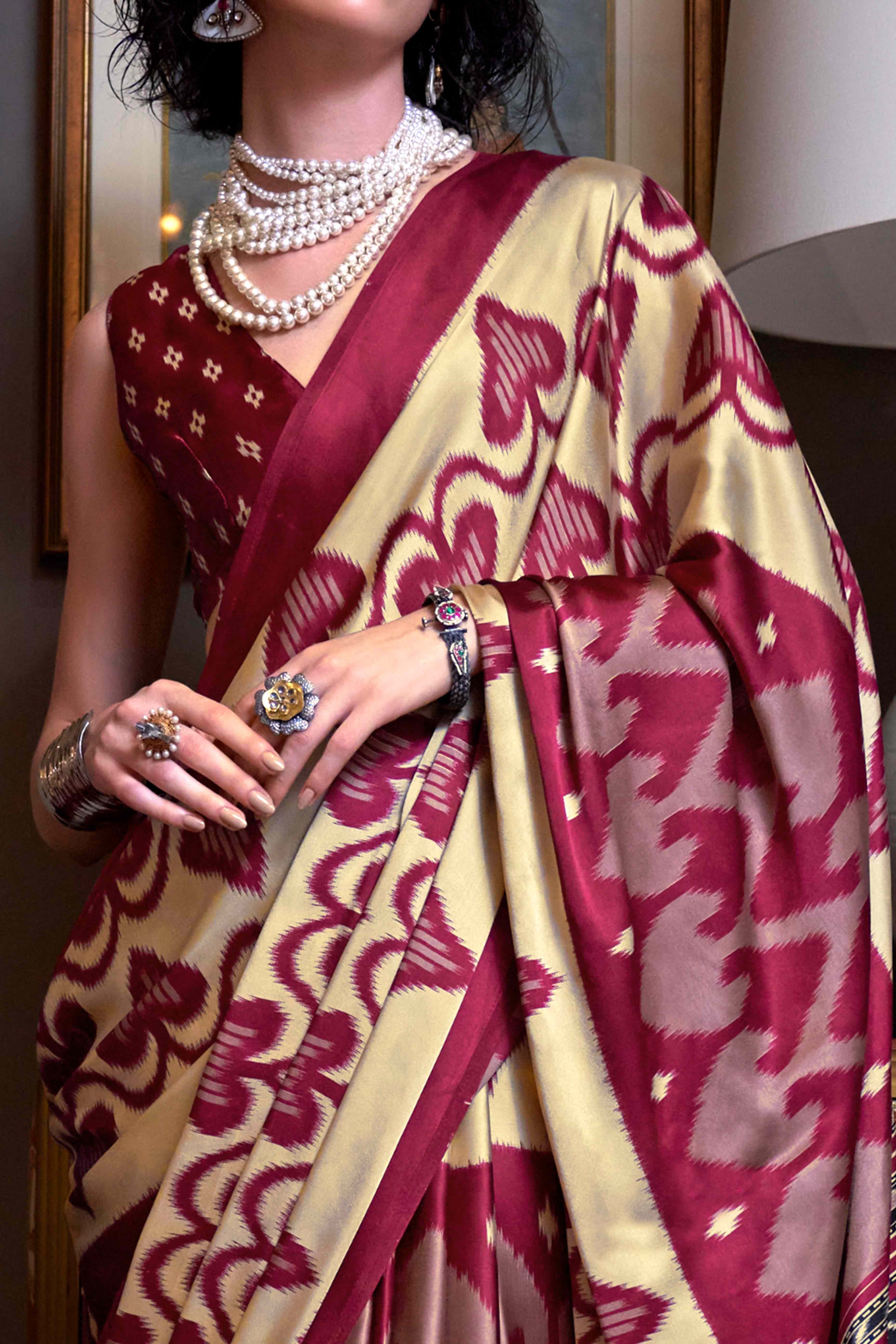 Magenta & Cream Patola Printed Satin Crepe Saree - Image 2