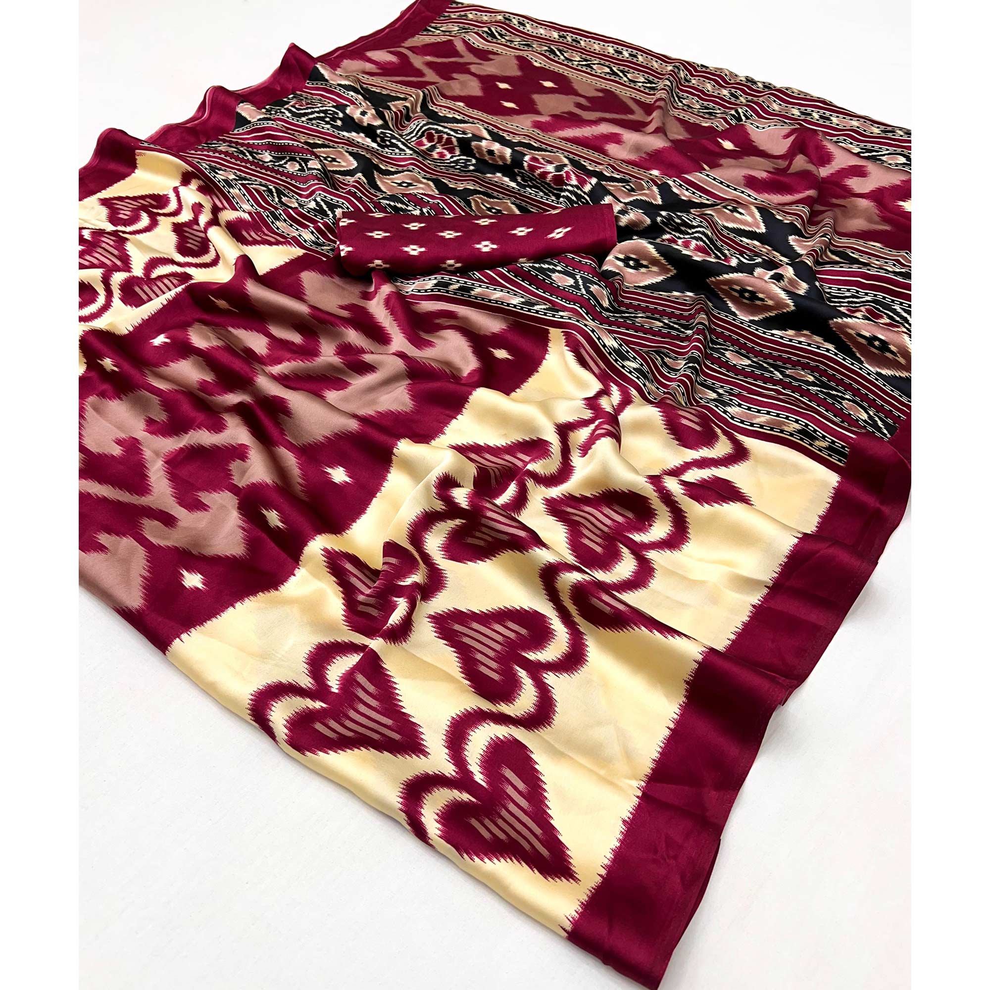 Magenta & Cream Patola Printed Satin Crepe Saree - Image 4