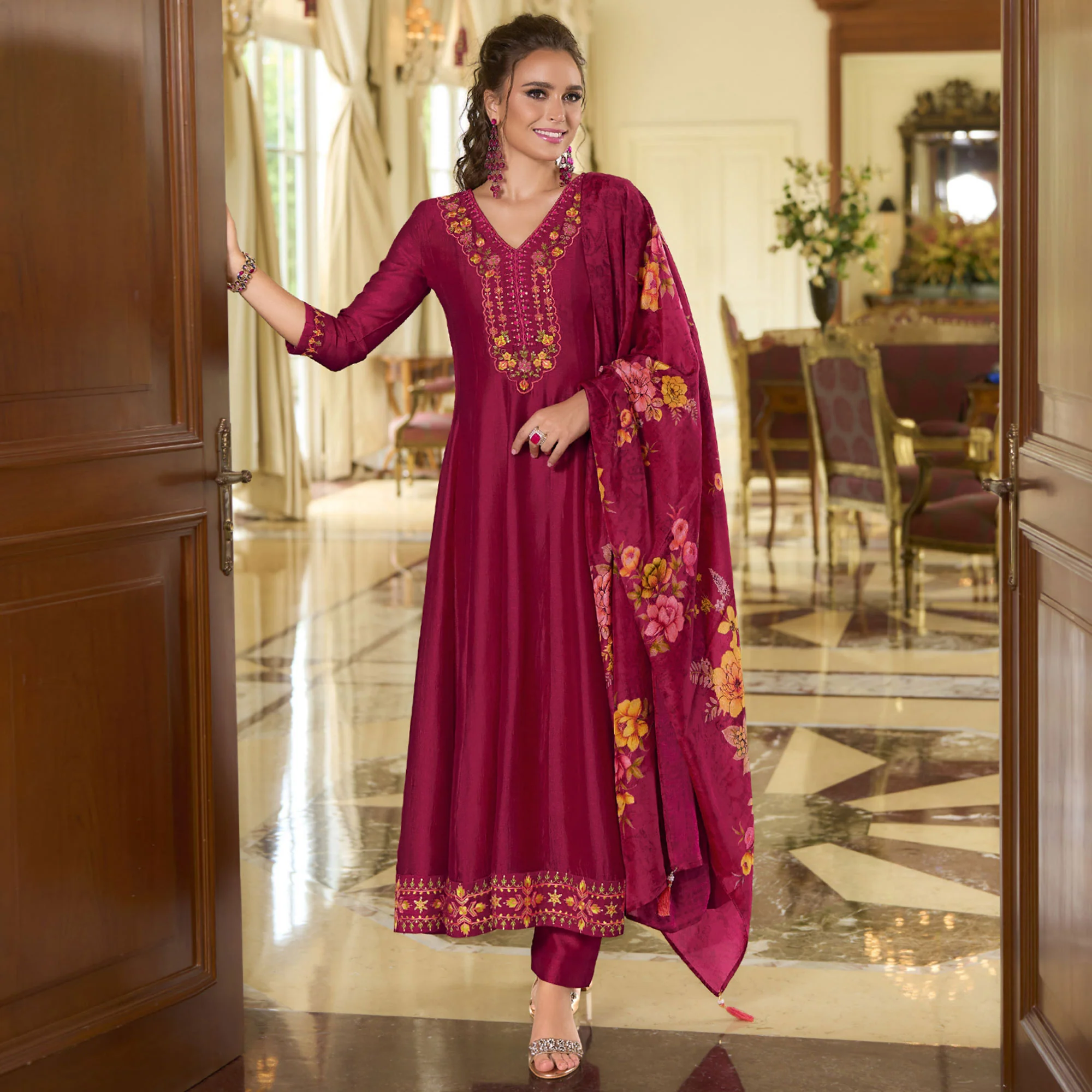 Magenta Embroidered Vichitra Silk Anarkali Salwar Suit - Image 2