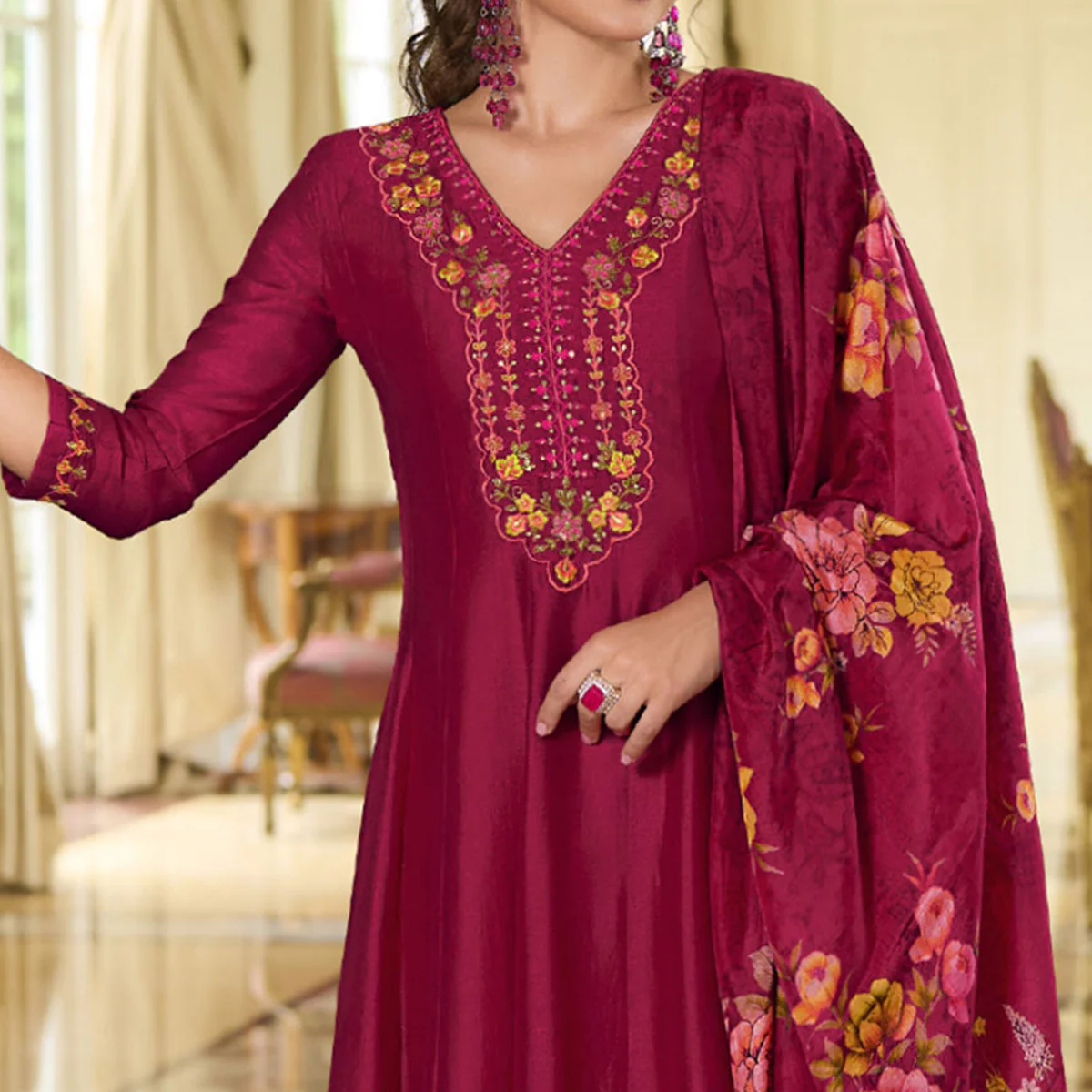 Magenta Embroidered Vichitra Silk Anarkali Salwar Suit - Image 3