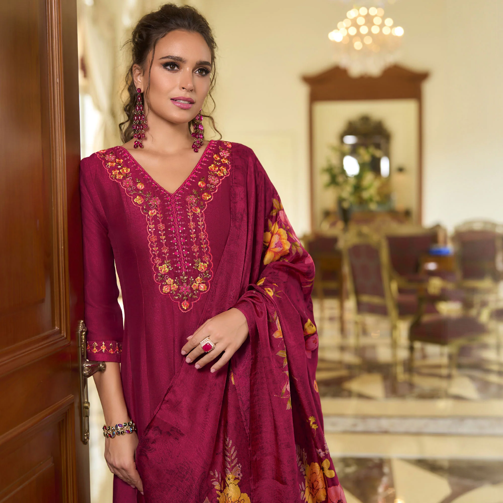 Magenta Embroidered Vichitra Silk Anarkali Salwar Suit - Image 4