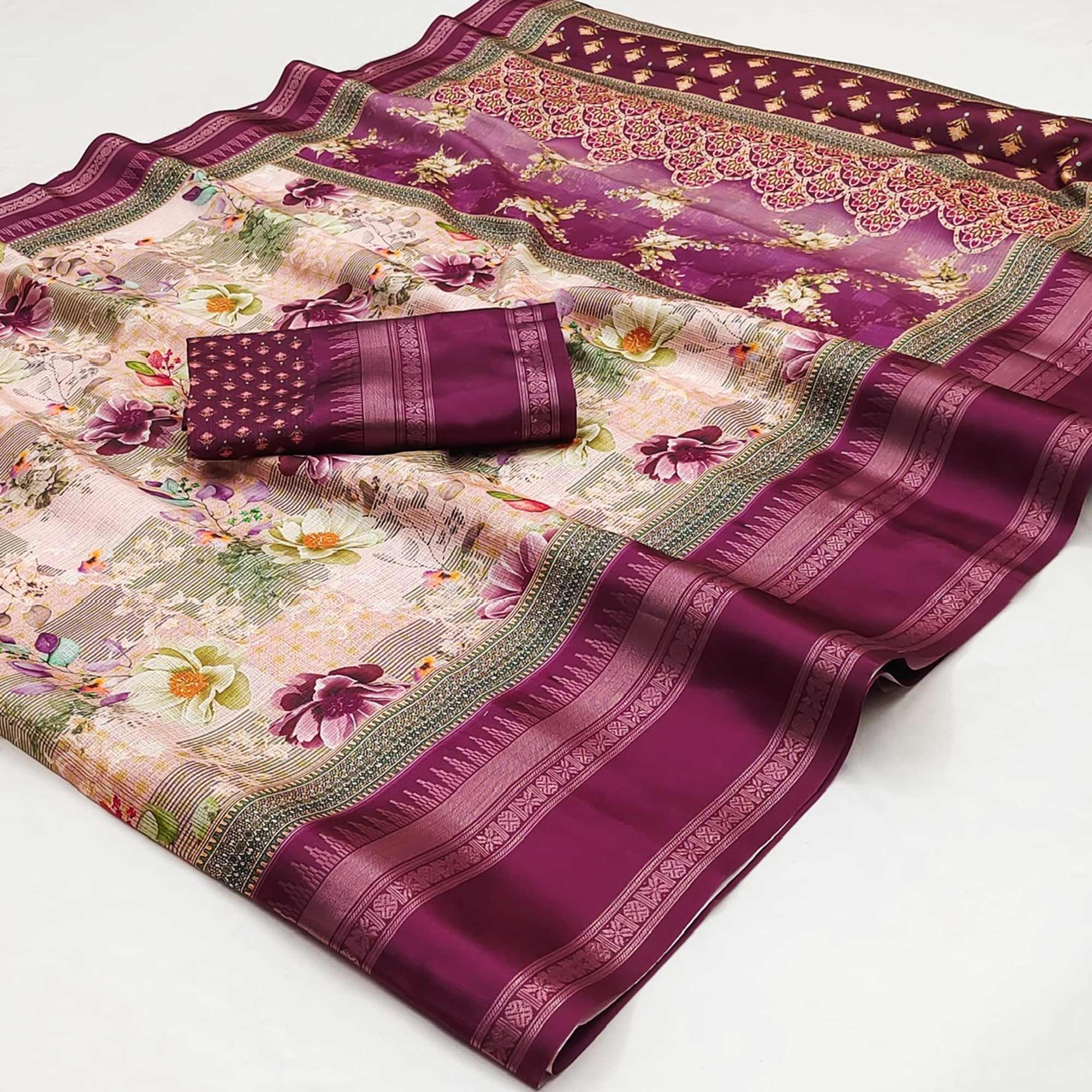 Magenta Floral Digital Printed Cotton Silk Saree - Image 3