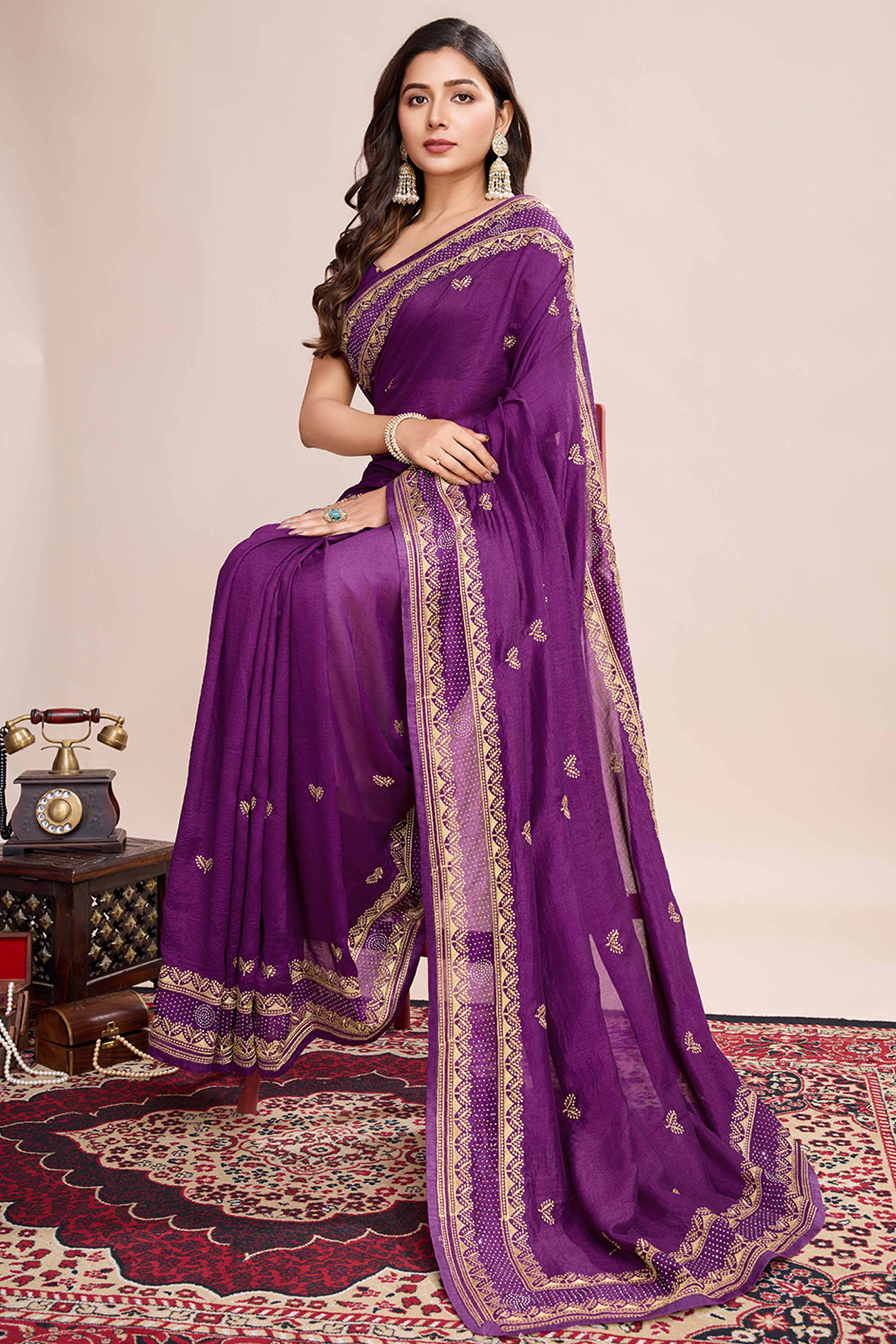 Magenta Floral Embroidered Vichitra Silk Saree - Image 4