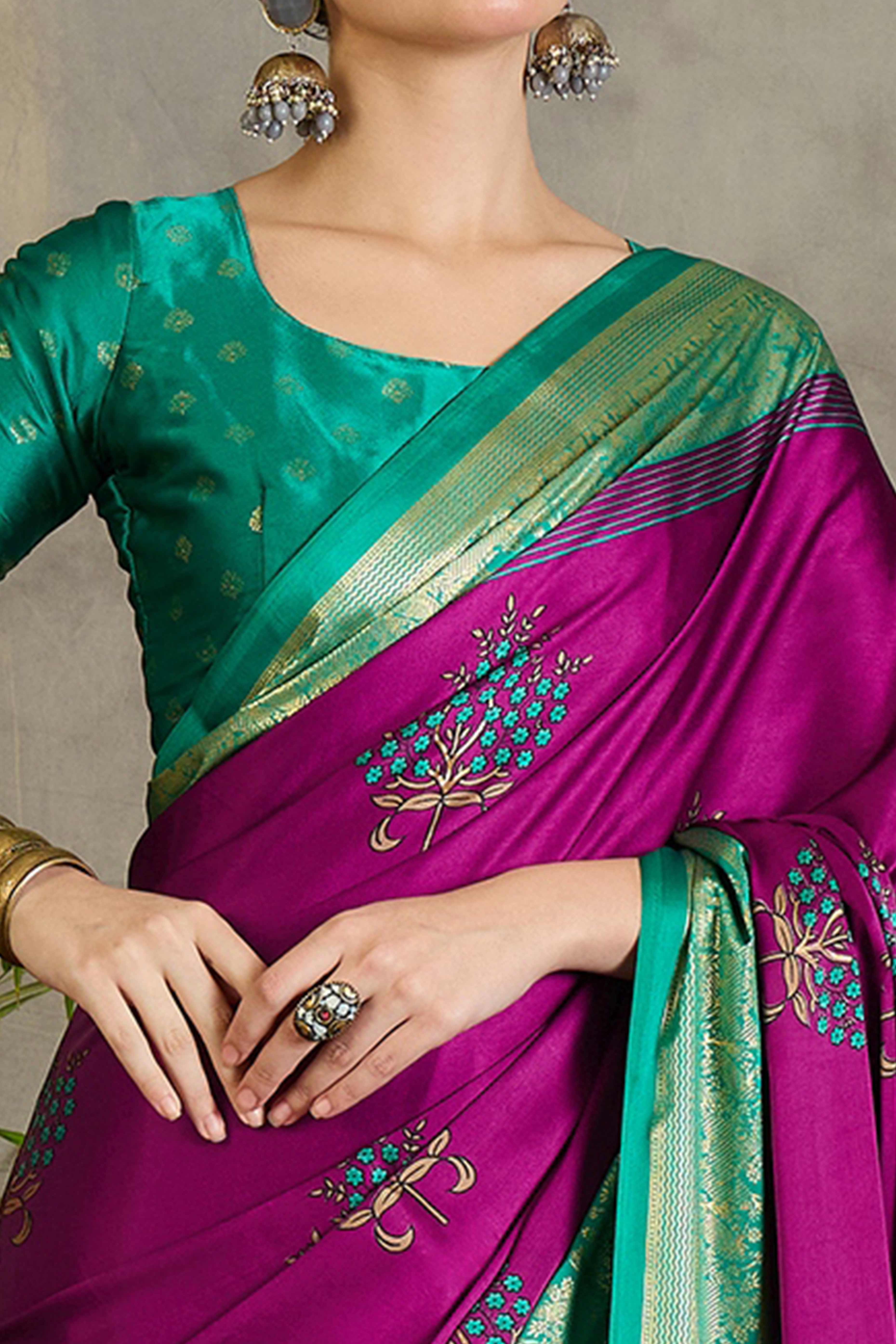 Magenta Floral Printed Modal Satin Saree with Traditional Zari Detailing - Image 2