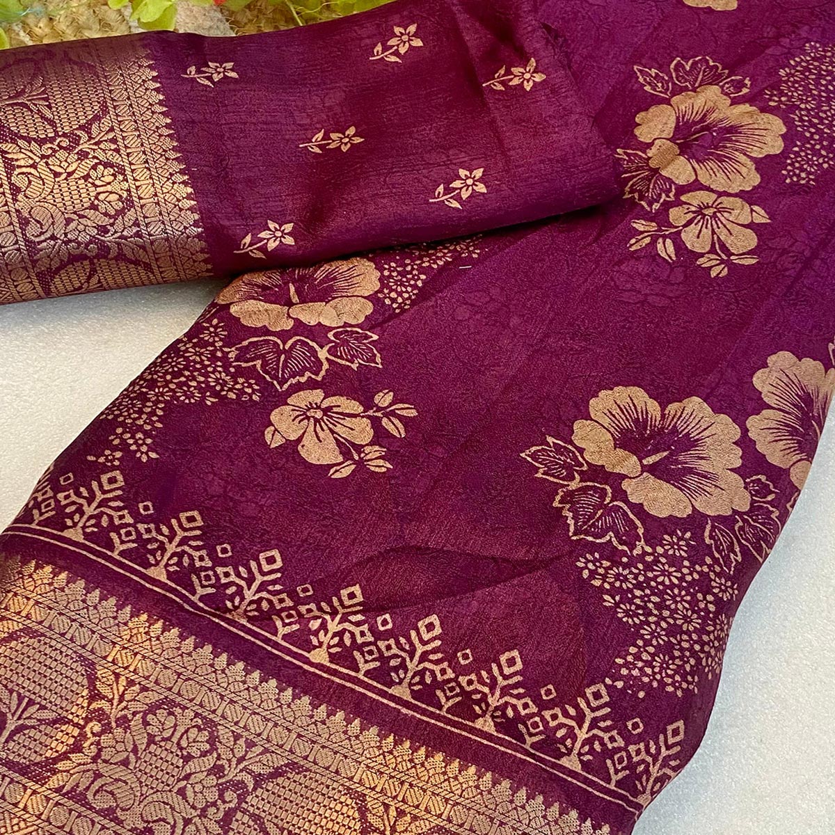 Magenta Floral Printed Moss Art Silk Saree With Woven Border - Image 2