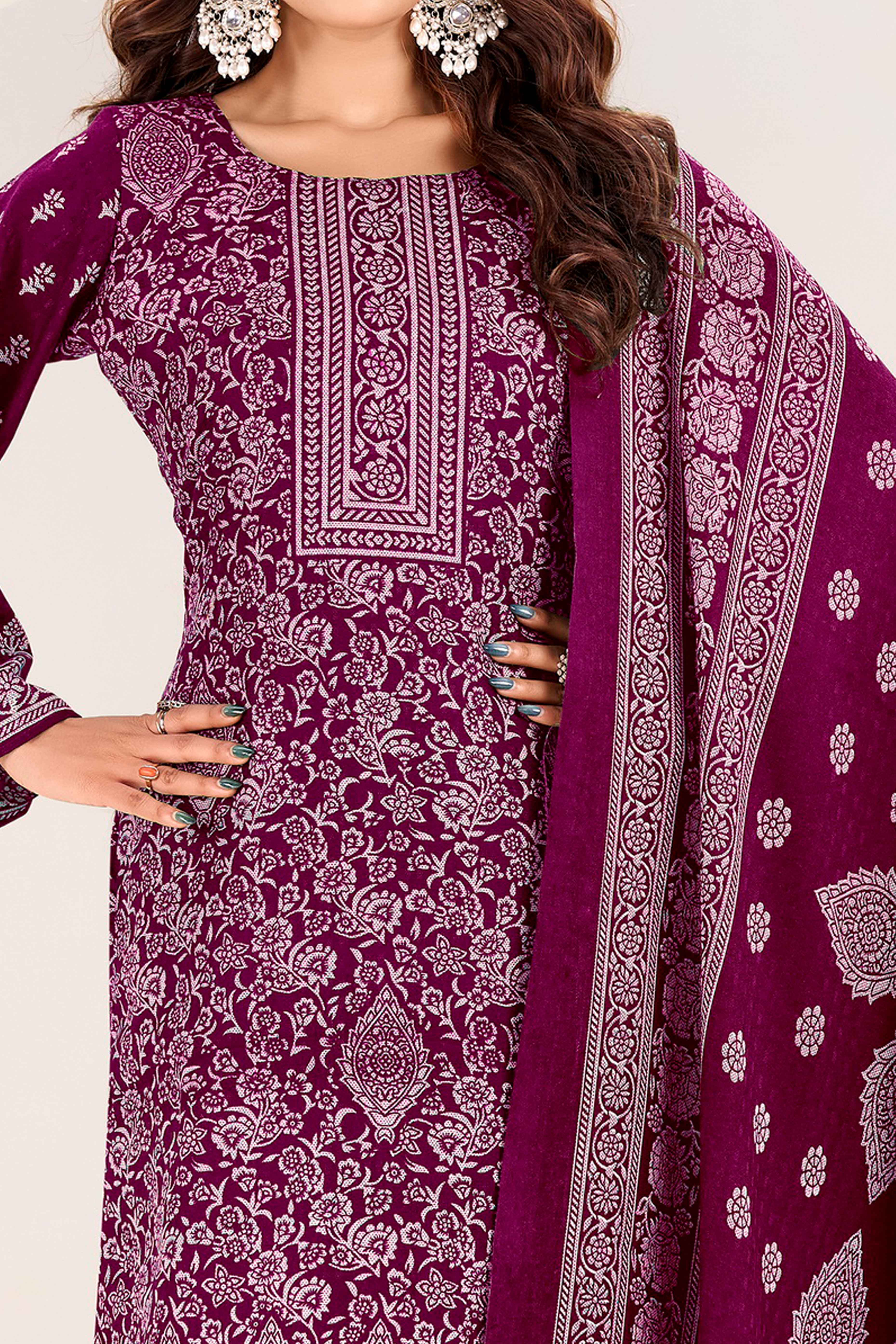 Magenta Floral Printed Pure Pashmina Soft & Warm Dress Material for Winter - Image 2