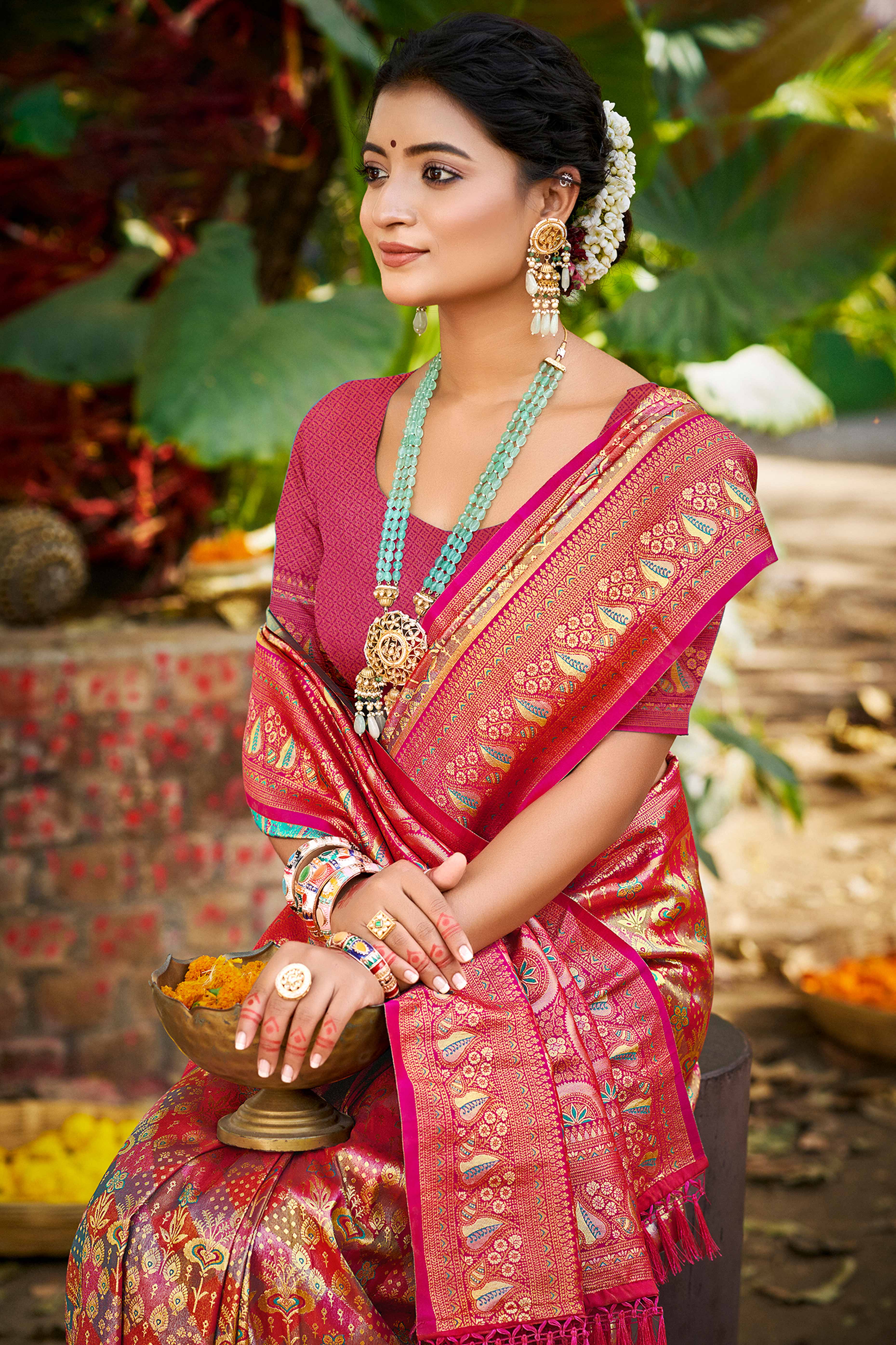 Magenta Floral Weaving Silk Blend Dharmavaram Saree Accented With Tassel Pallu - Image 3