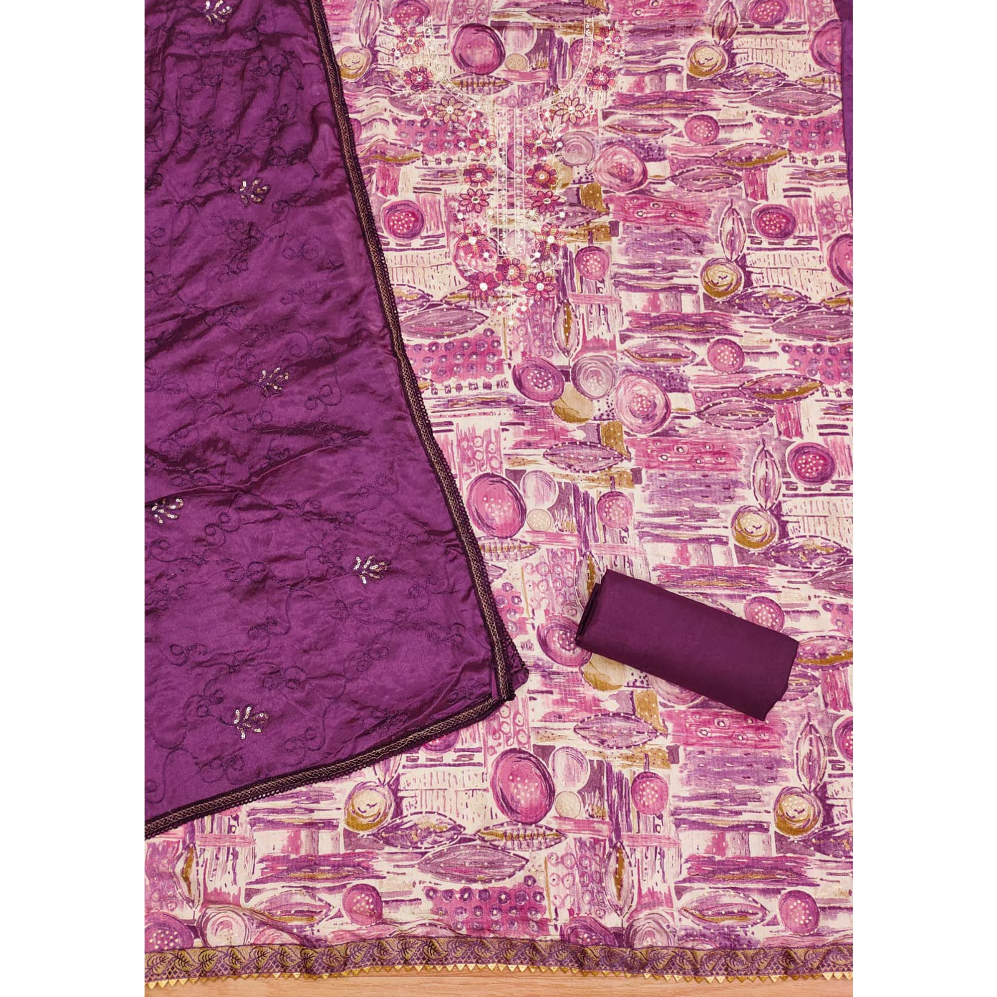 Magenta Foil Printed Pure Cotton Dress Material - Image 4
