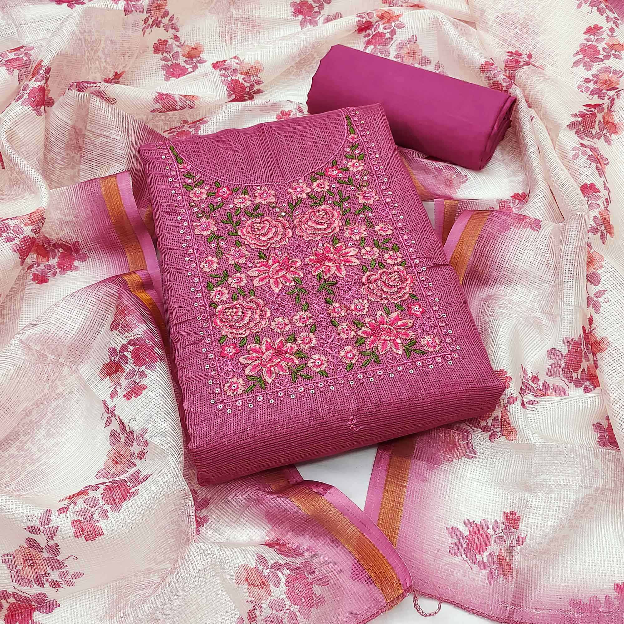 Magenta  Kota Doria Dress Material Featuring Elegant Floral Design With Sparkling Sequins Embroidery
