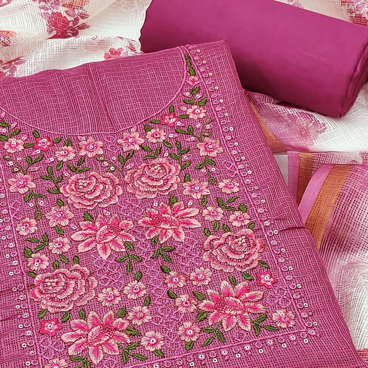 Magenta  Kota Doria Dress Material Featuring Elegant Floral Design With Sparkling Sequins Embroidery - Image 2