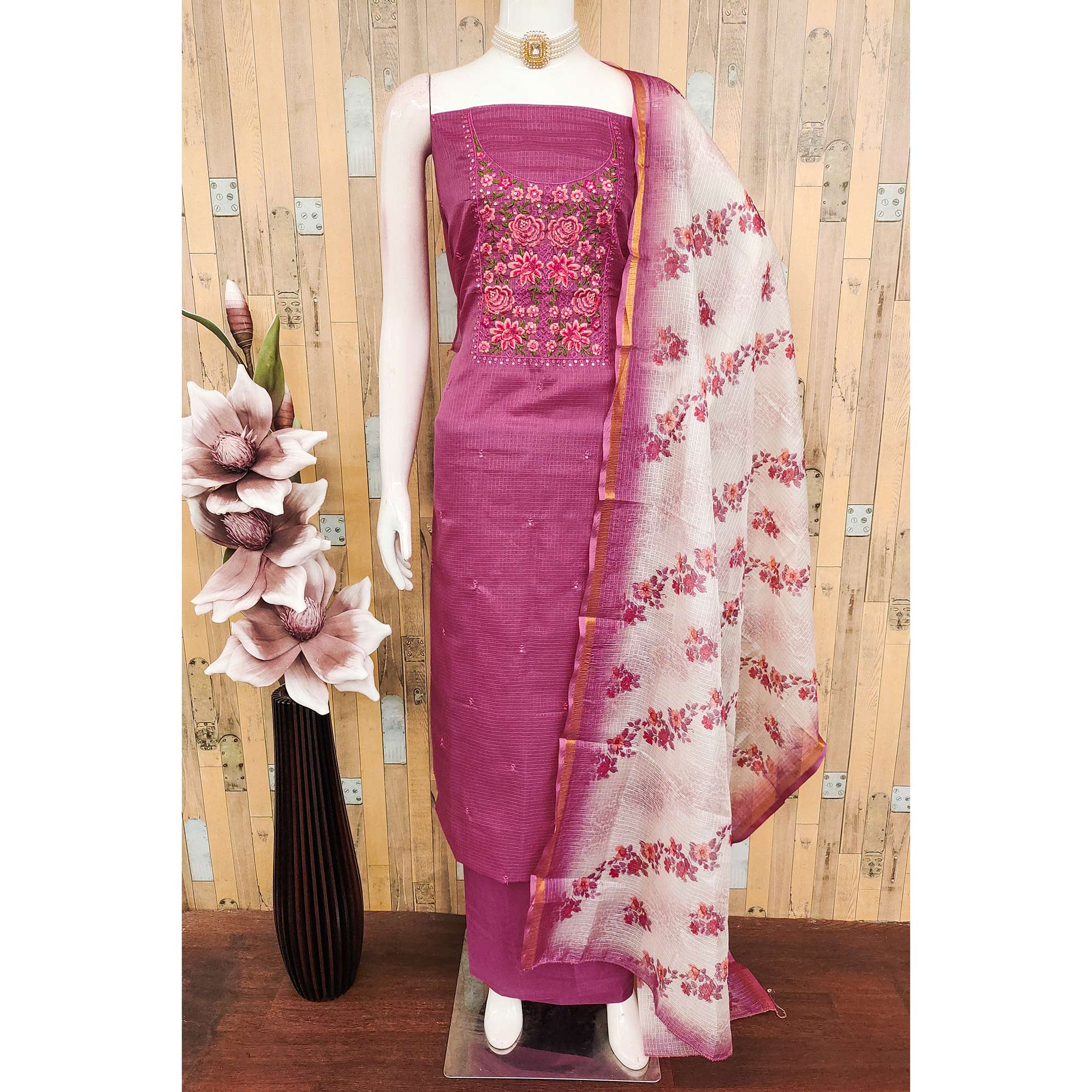 Magenta  Kota Doria Dress Material Featuring Elegant Floral Design With Sparkling Sequins Embroidery - Image 3