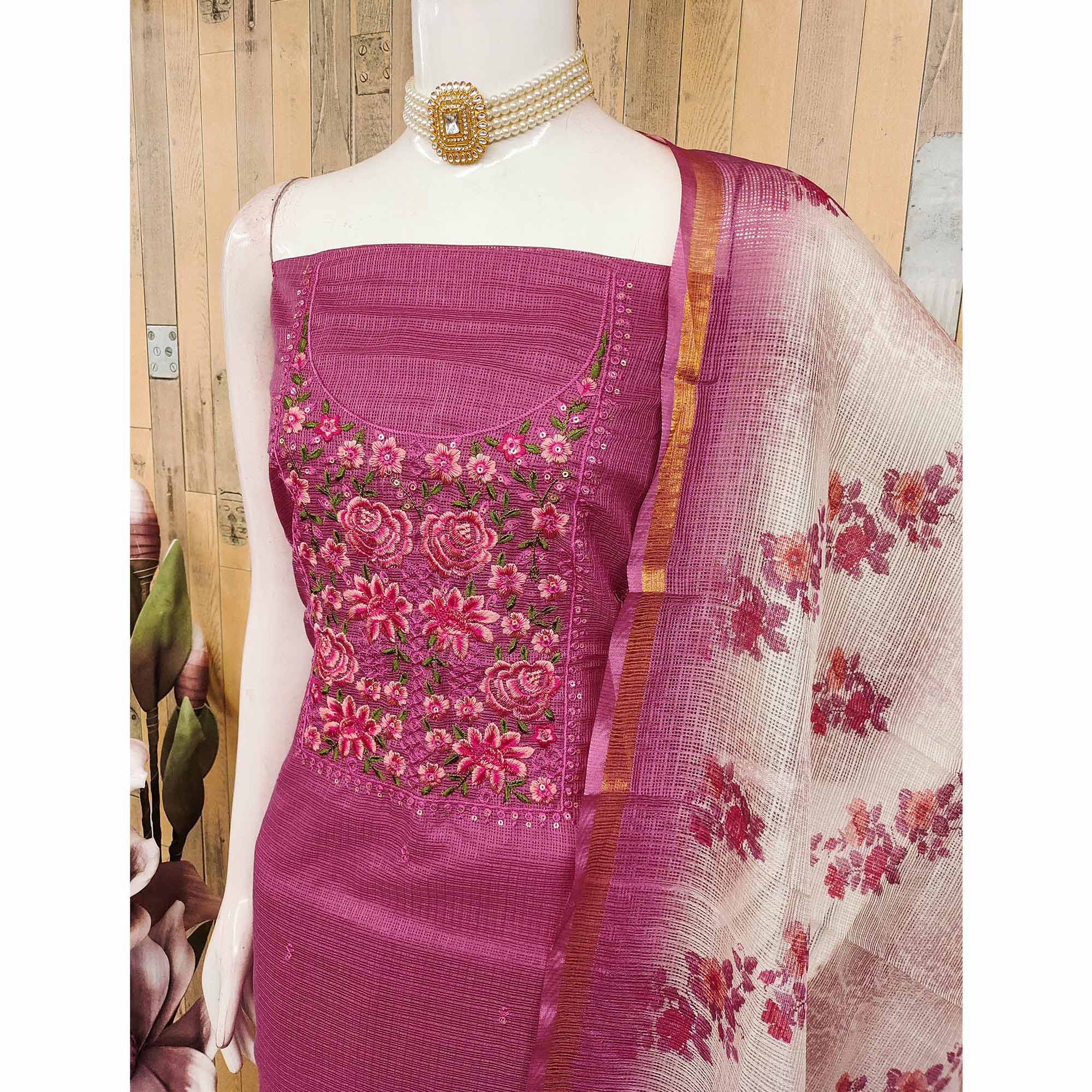 Magenta  Kota Doria Dress Material Featuring Elegant Floral Design With Sparkling Sequins Embroidery - Image 4