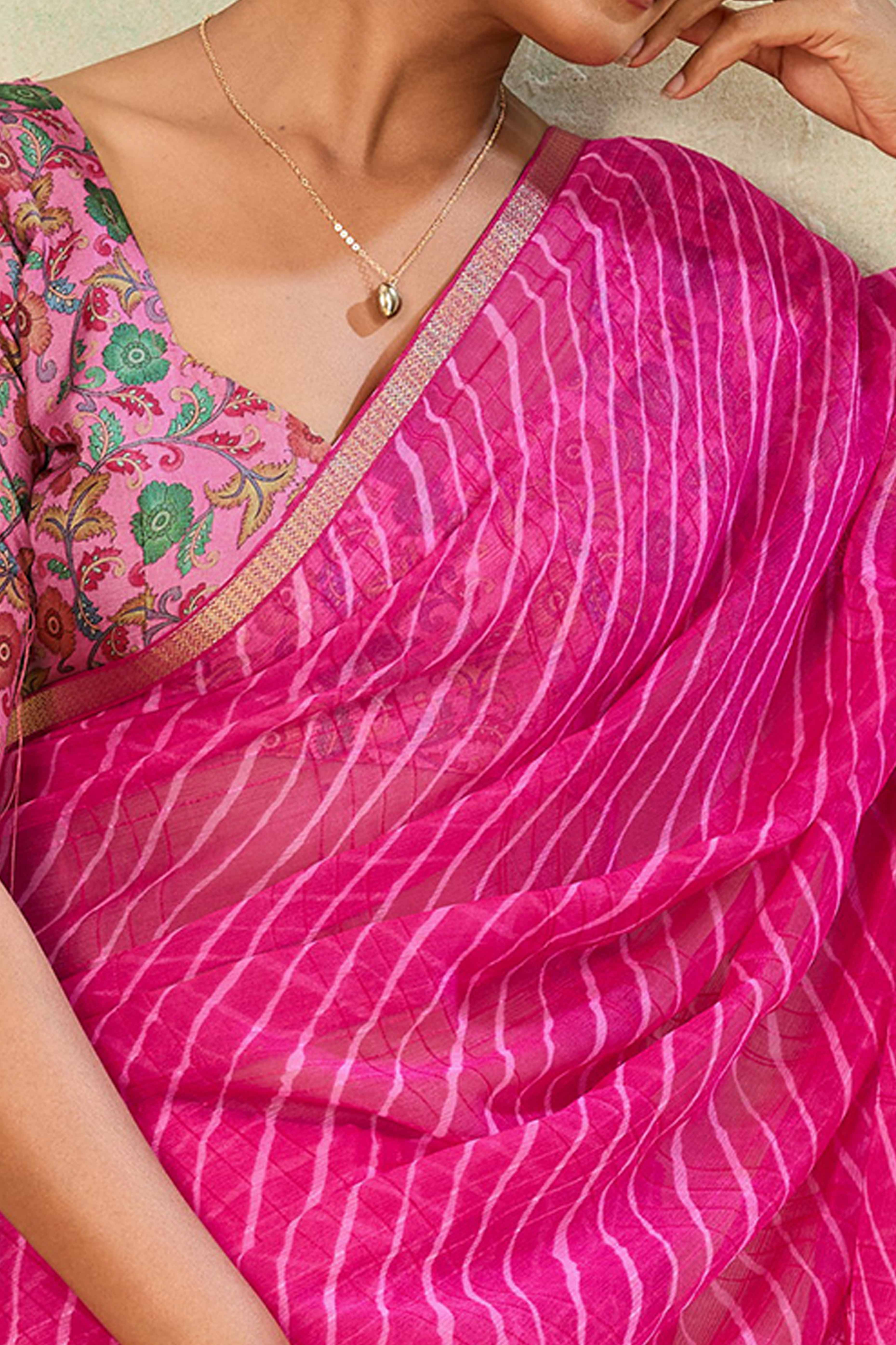Magenta Leheriya Chiffon Saree Accented With Elegant Zari Lace Border Work - Image 2