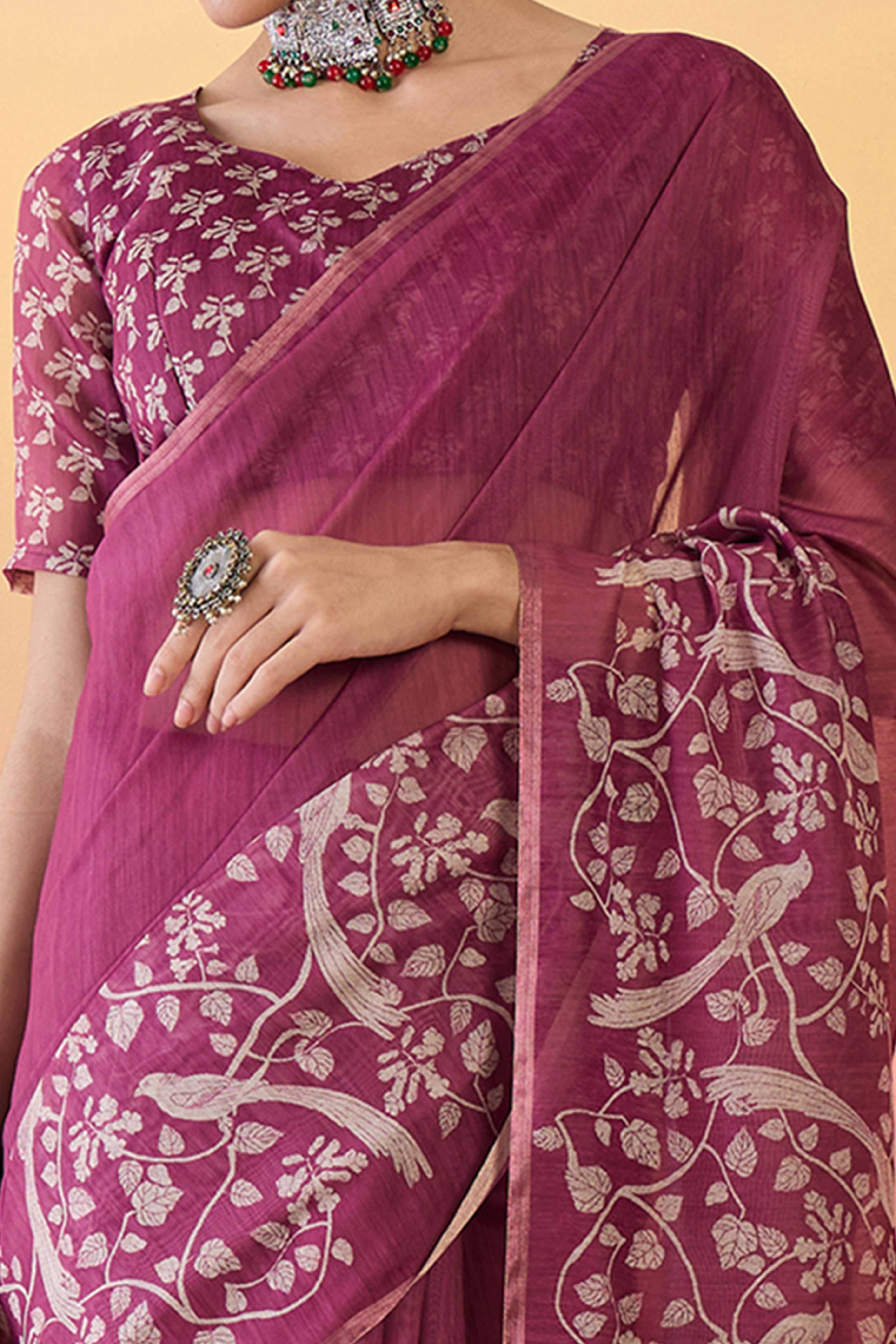 Magenta Linen Cotton Saree Featuring Elegant Floral & Bird Prints With Tassel Pallu - Image 2