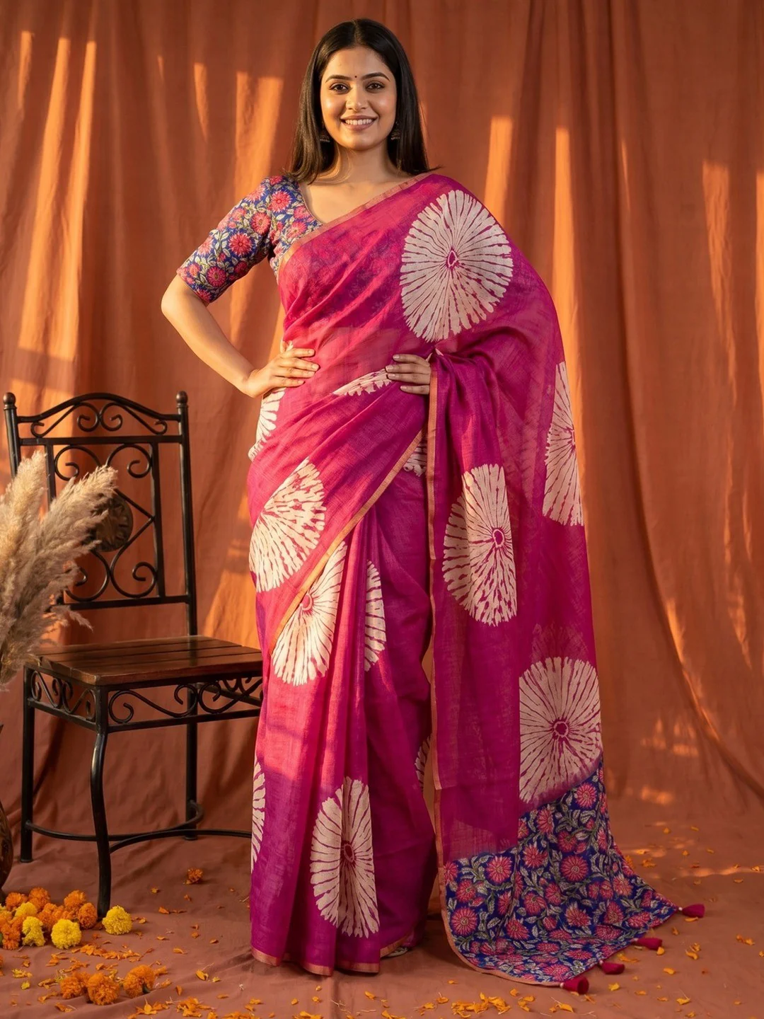 Magenta Linen Saree with White Abstract Design Lightweight Comfortable Outfit
