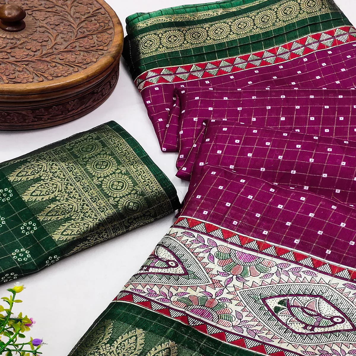 Magenta Madhubani Work Woven Dola Silk Saree - Image 2