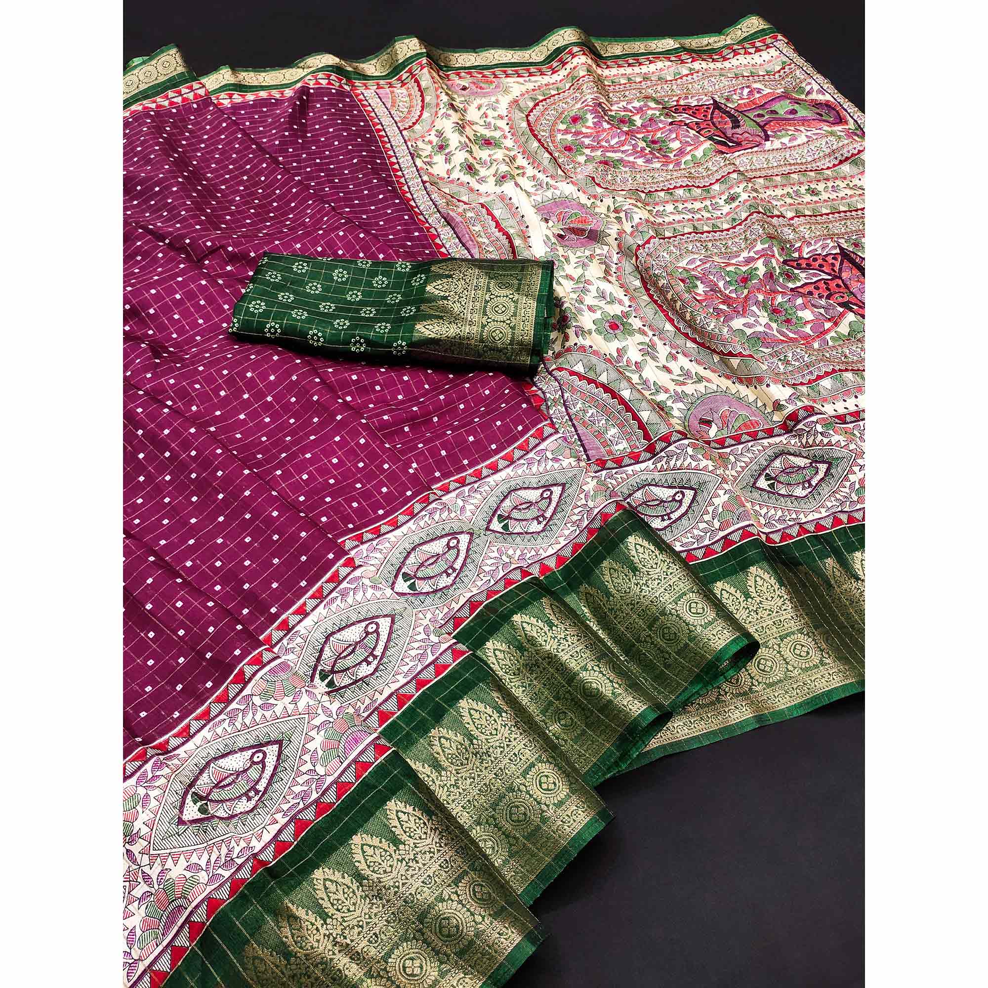Magenta Madhubani Work Woven Dola Silk Saree - Image 3