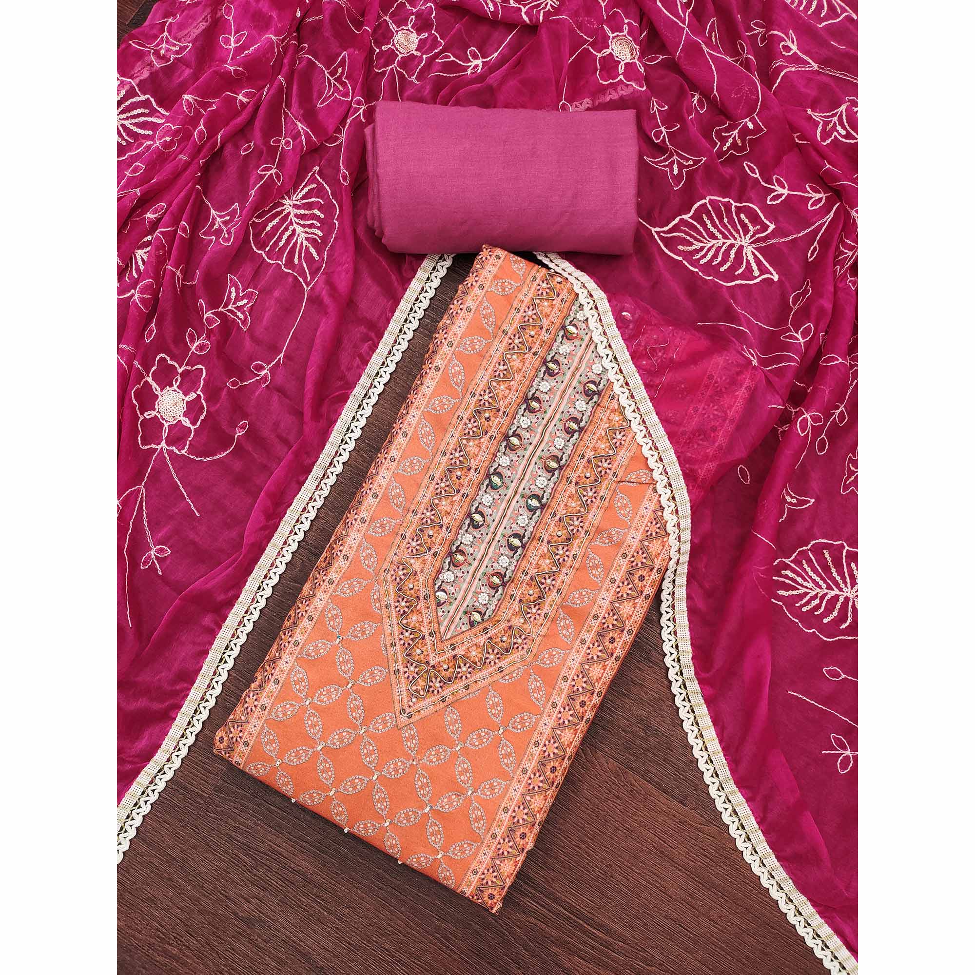 Magenta & Orange Pure Cotton Dress Material With Digital Prints & Elegant Moti Handwork Accents - Image 3
