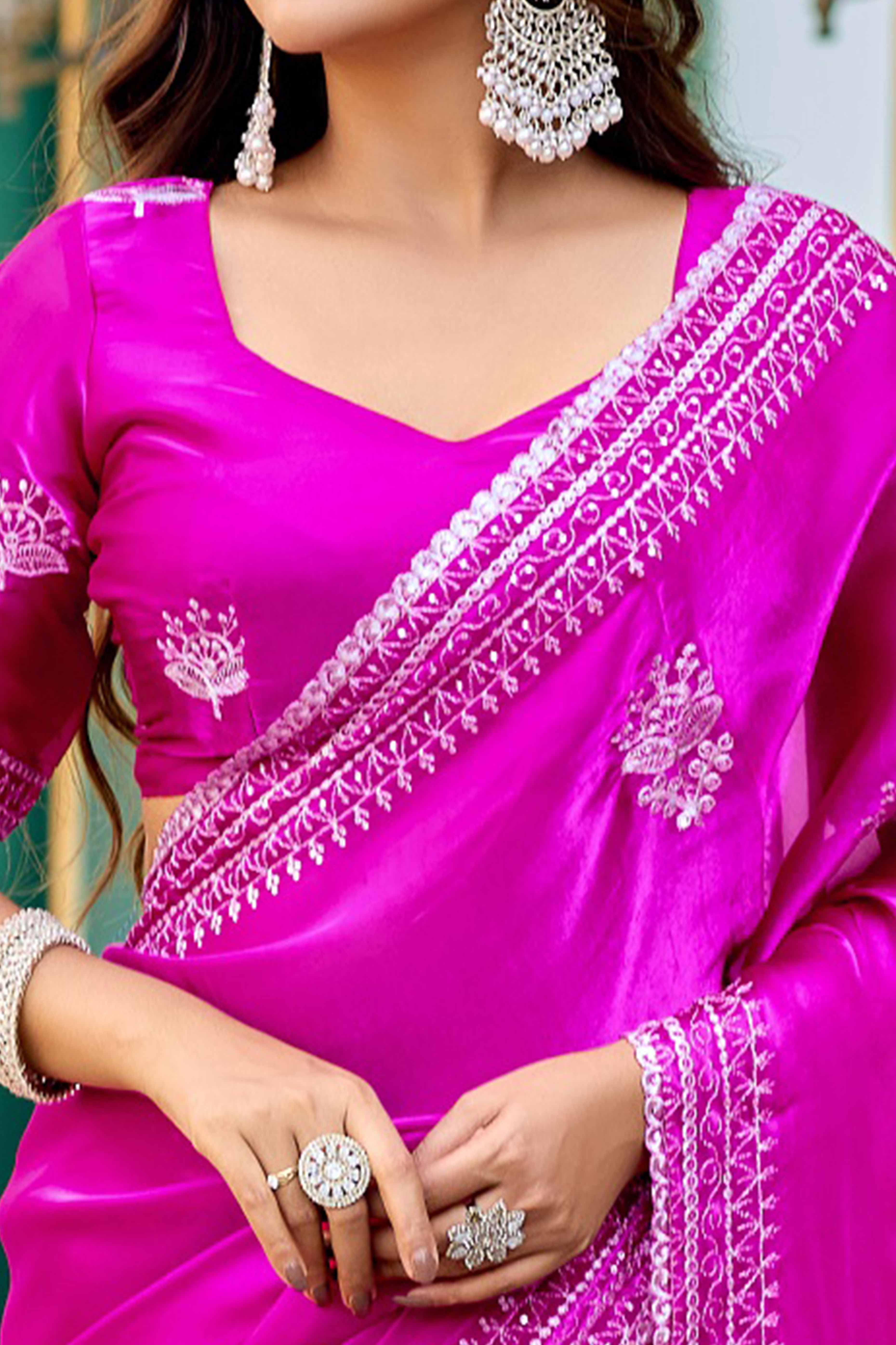 Magenta Partywear Saree in Shimmer Chiffon with Sequins Embroidery - Image 2