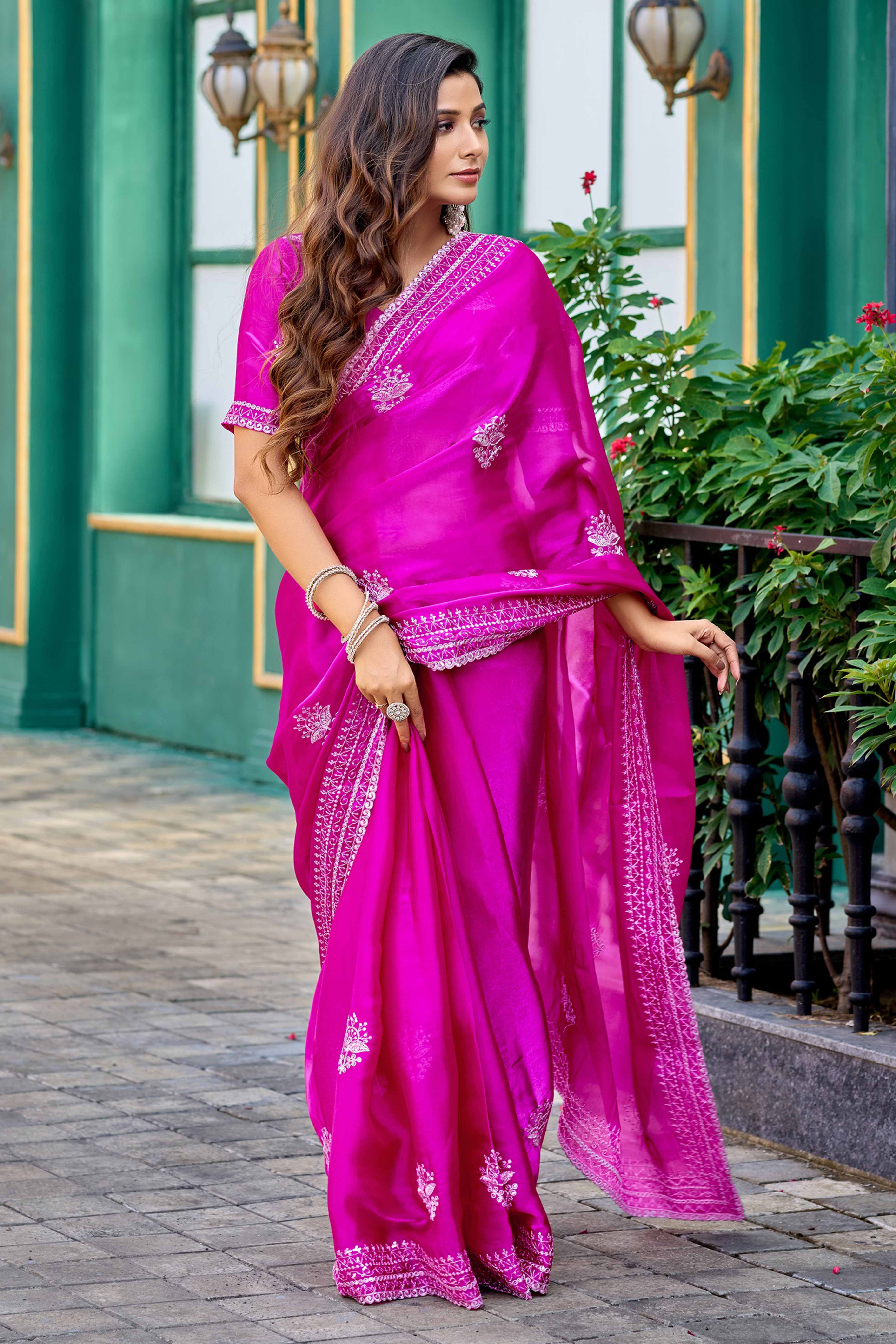 Magenta Partywear Saree in Shimmer Chiffon with Sequins Embroidery - Image 3
