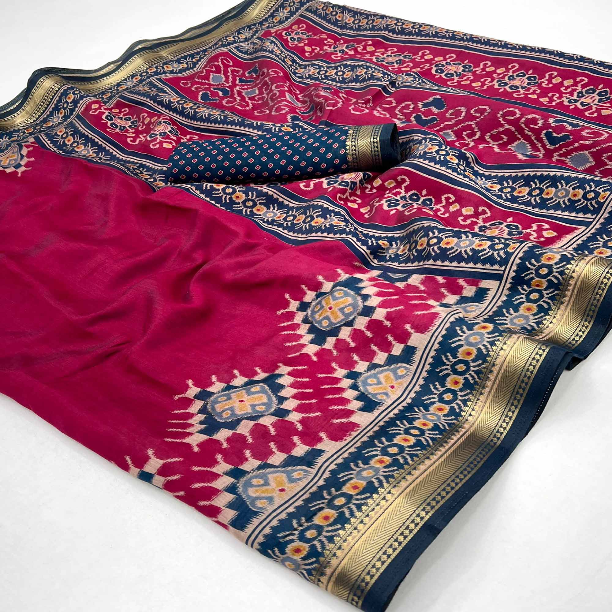 Magenta Patola Print Mulmul Cotton Saree with Shimmering Zari Trim - Image 3
