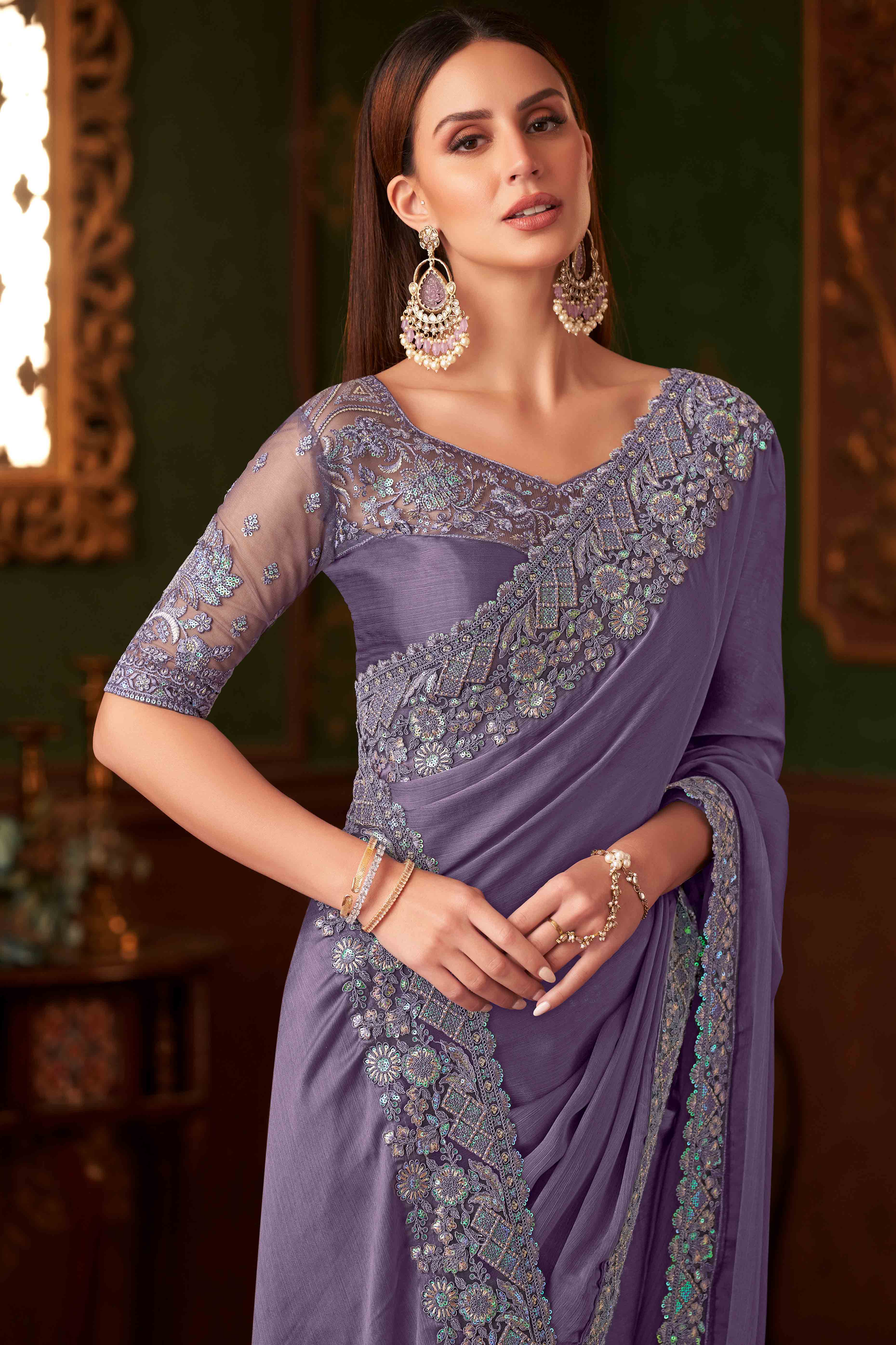 Light Purple Sequins Embroidered Chiffon Saree - Image 3