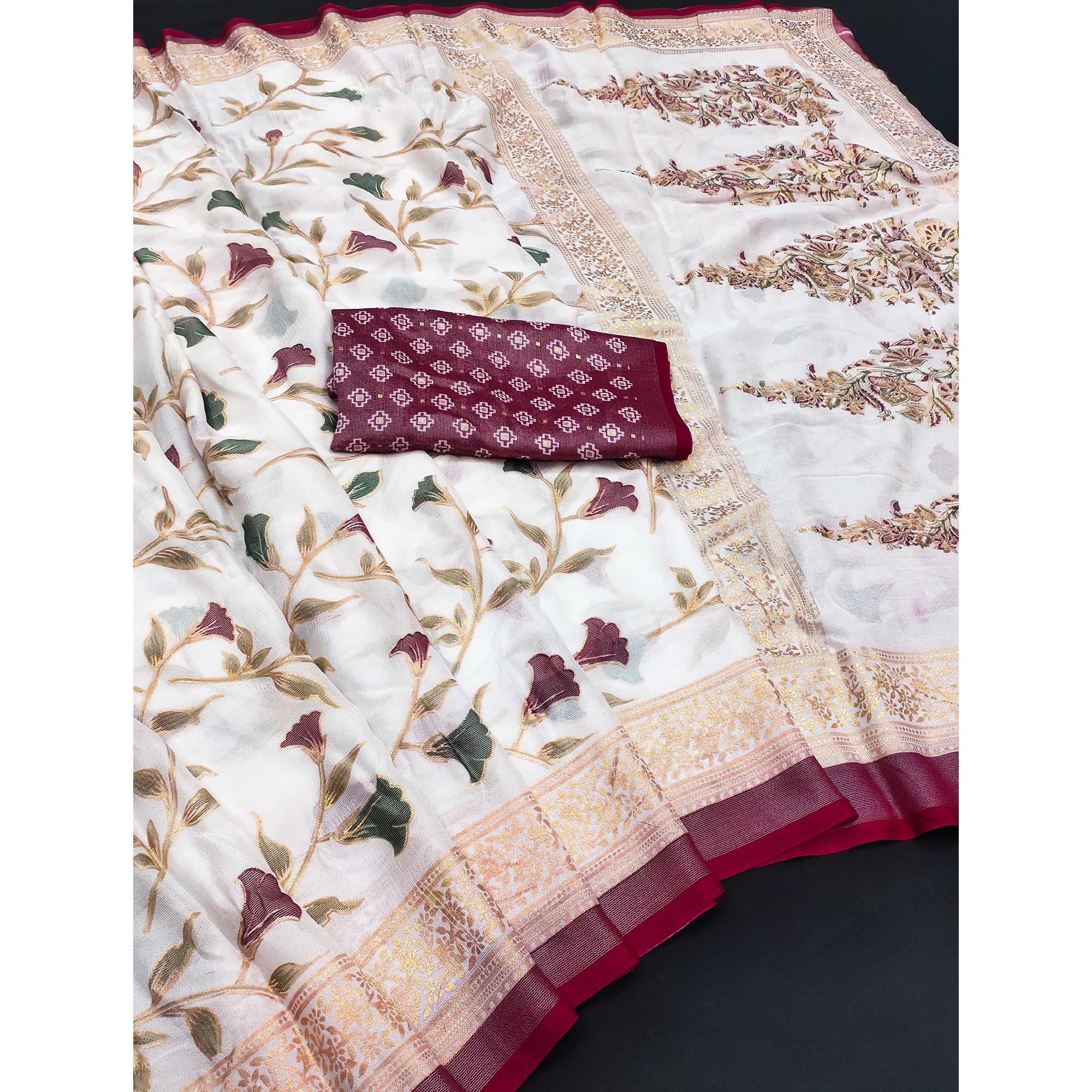 Magenta Sheer Brasso Saree Embellished with Floral Foil Print - Image 3