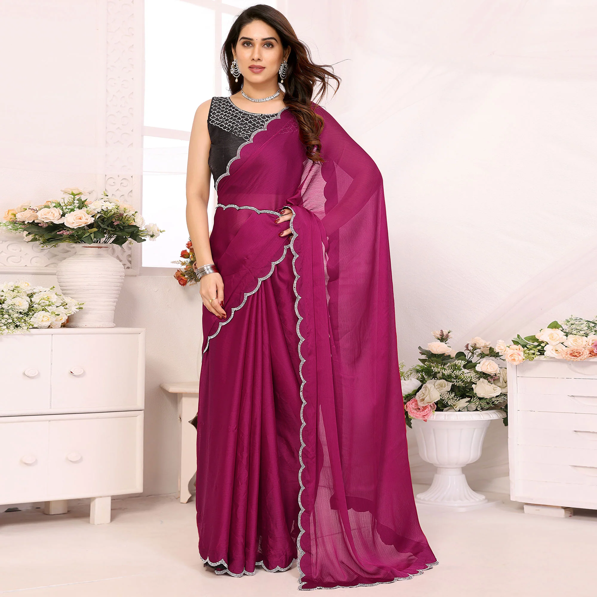 Magenta Solid Chiffon Saree With Stone Work Border - Image 2