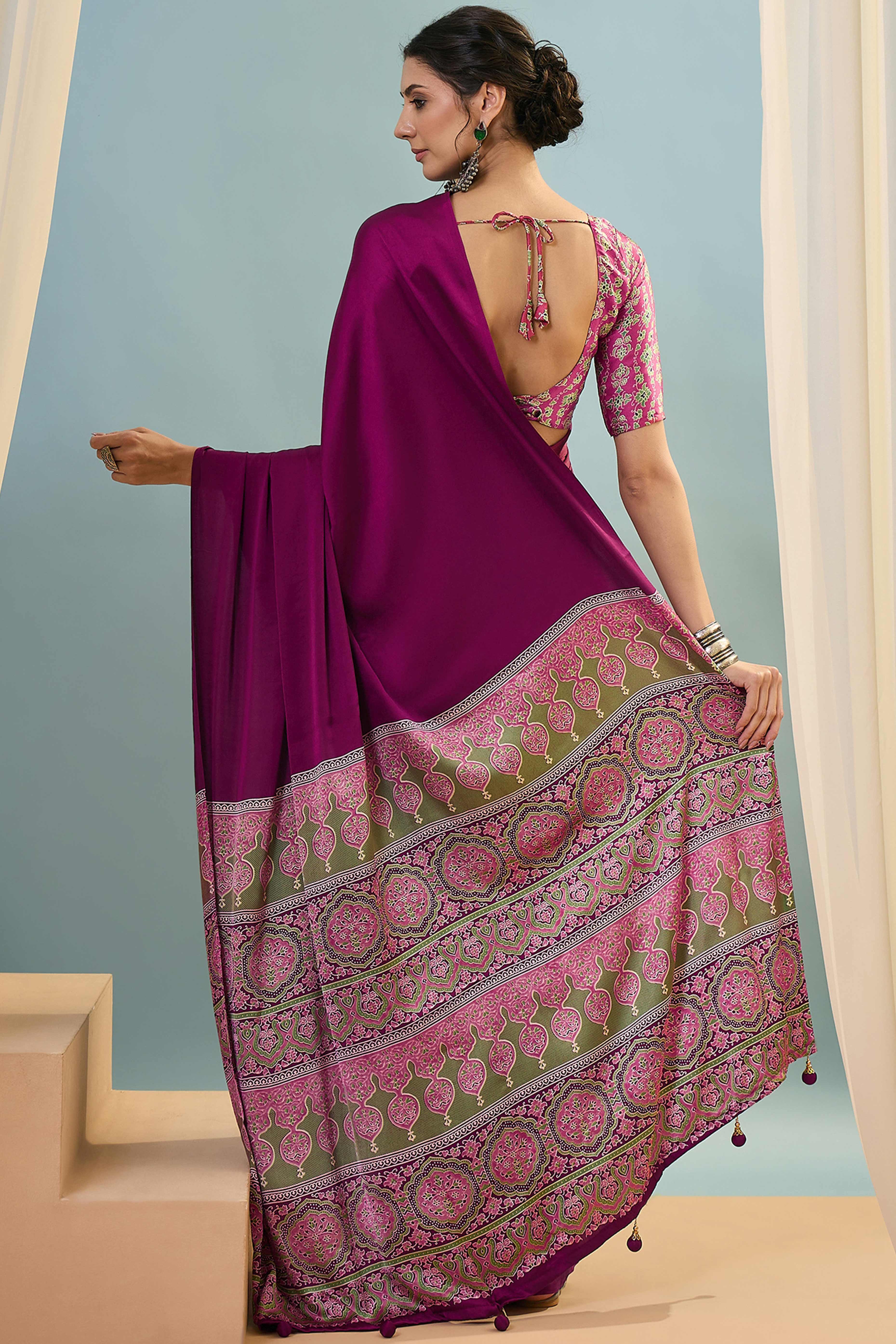 Magenta Solid Modal Satin Saree Highlighted With Classic Ajrakh Pallu Design - Image 5
