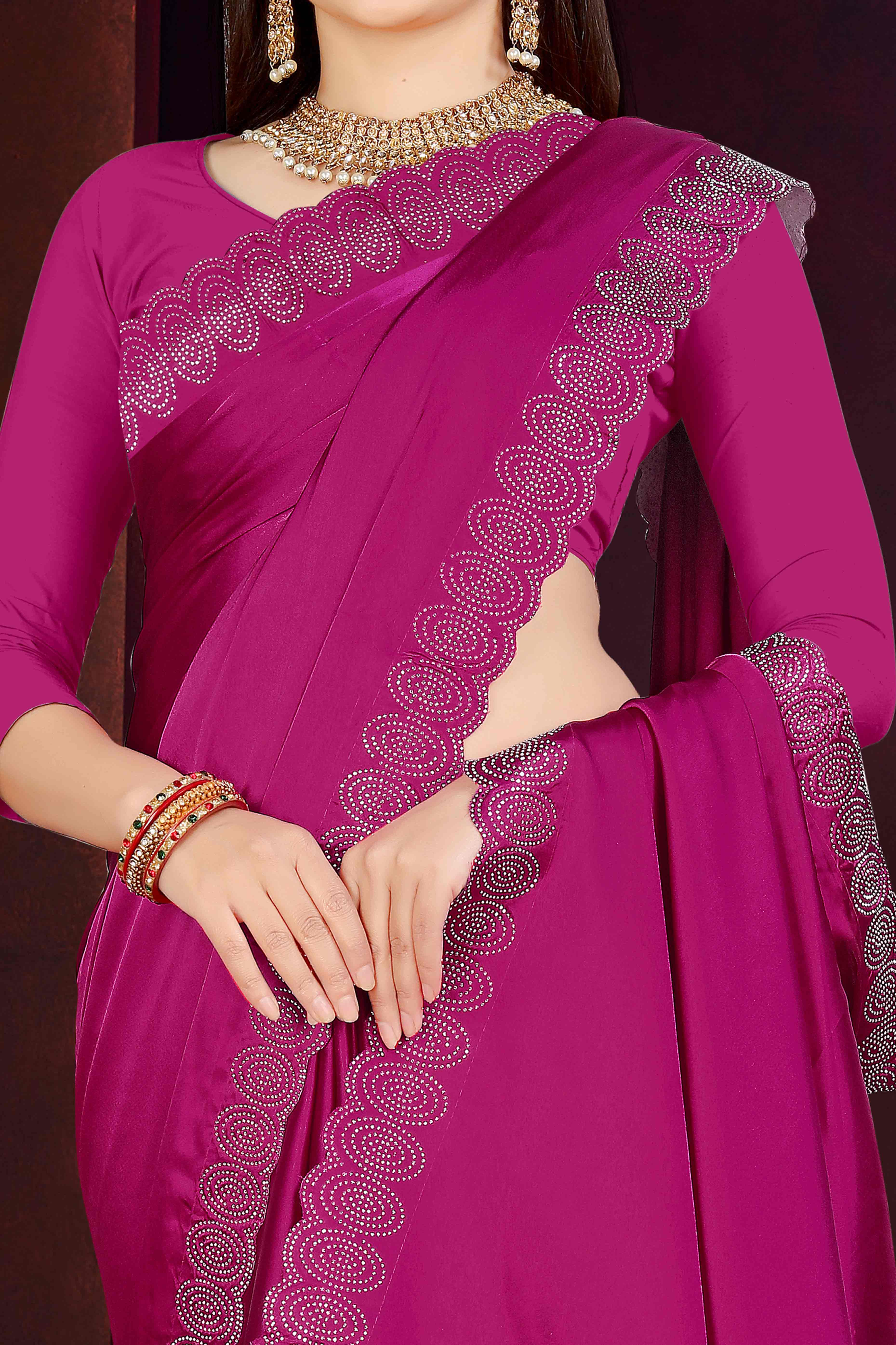 Magenta Solid With Swarovski Work Satin Saree - Image 2