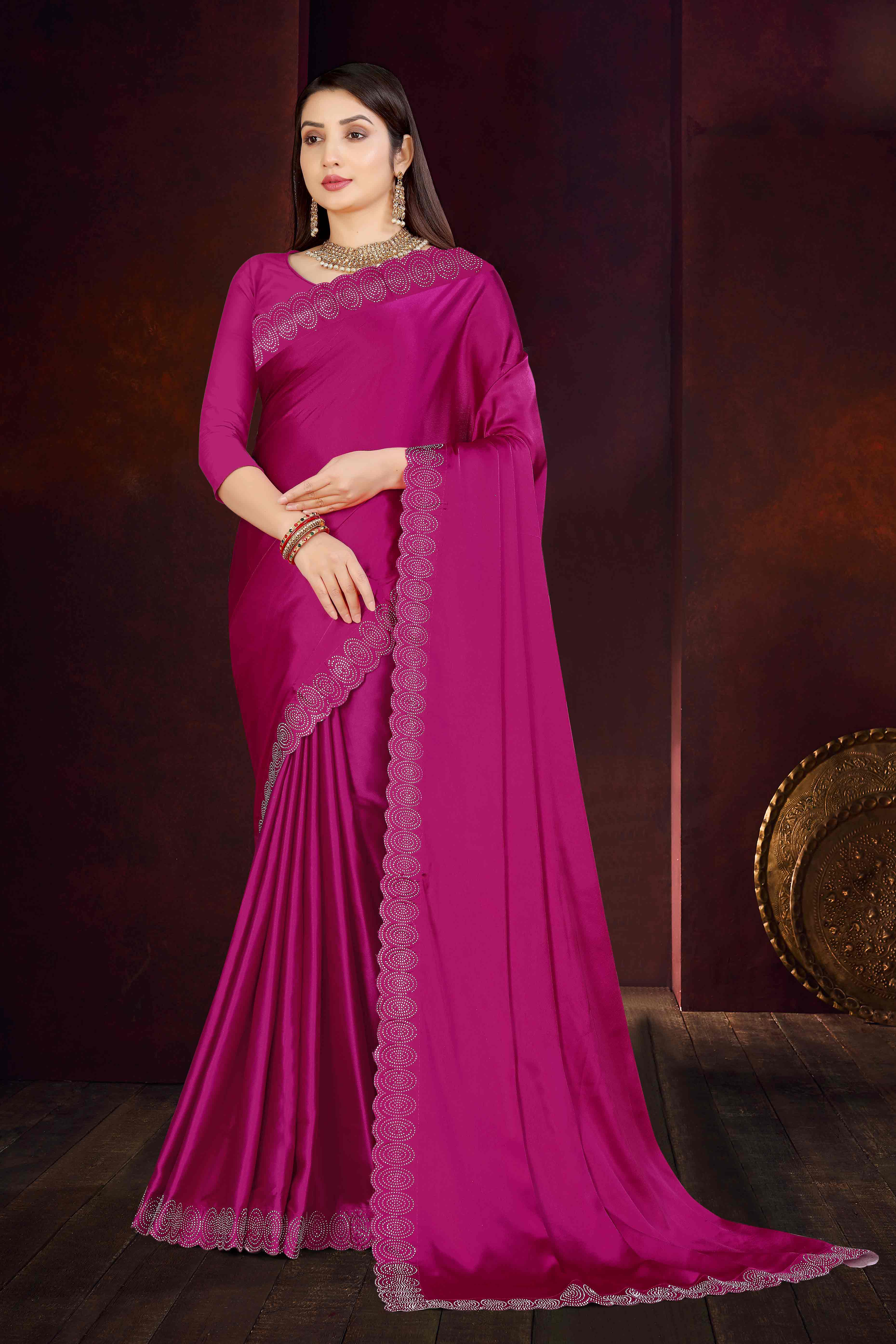 Magenta Solid With Swarovski Work Satin Saree - Image 3