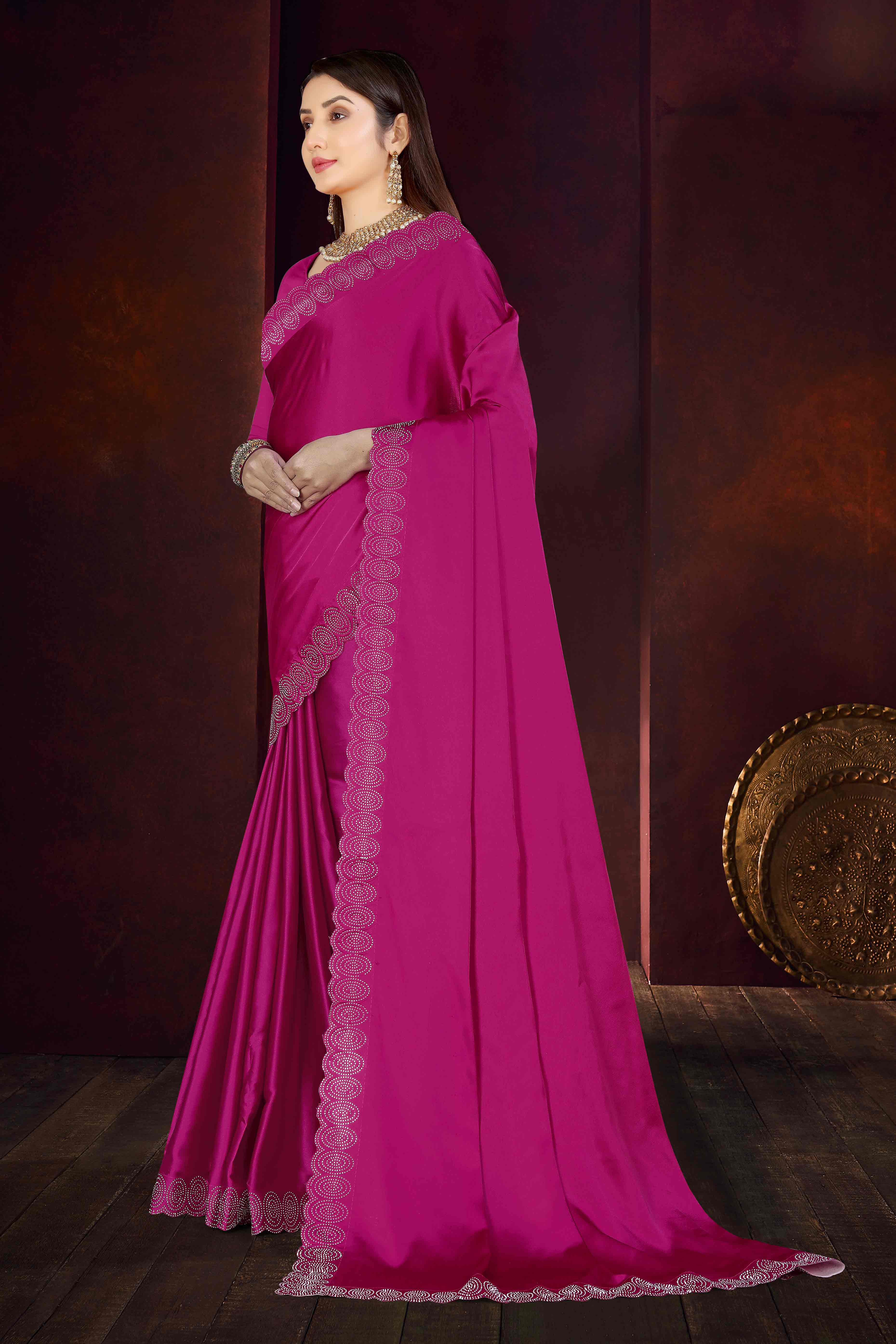 Magenta Solid With Swarovski Work Satin Saree - Image 4