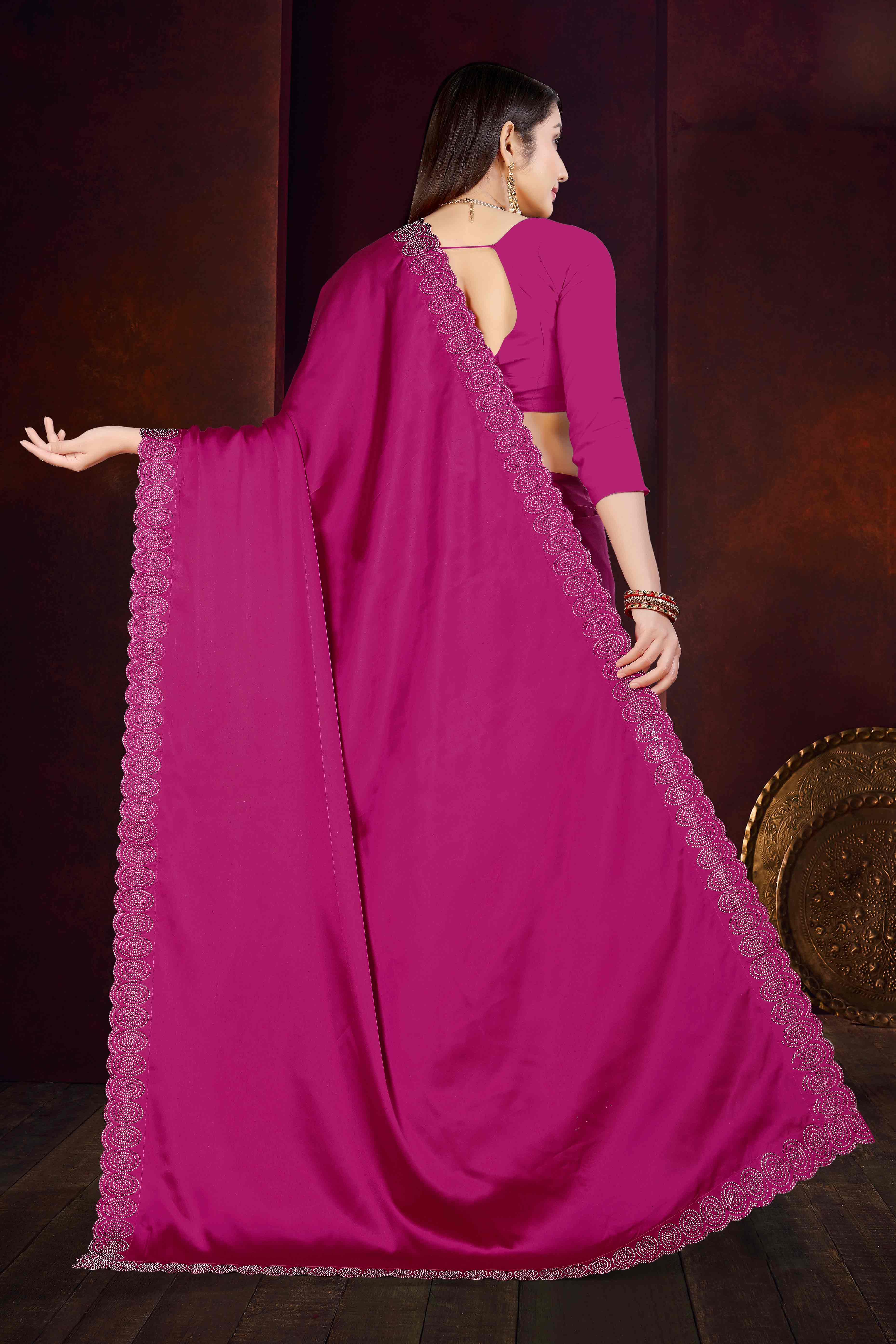Magenta Solid With Swarovski Work Satin Saree - Image 5