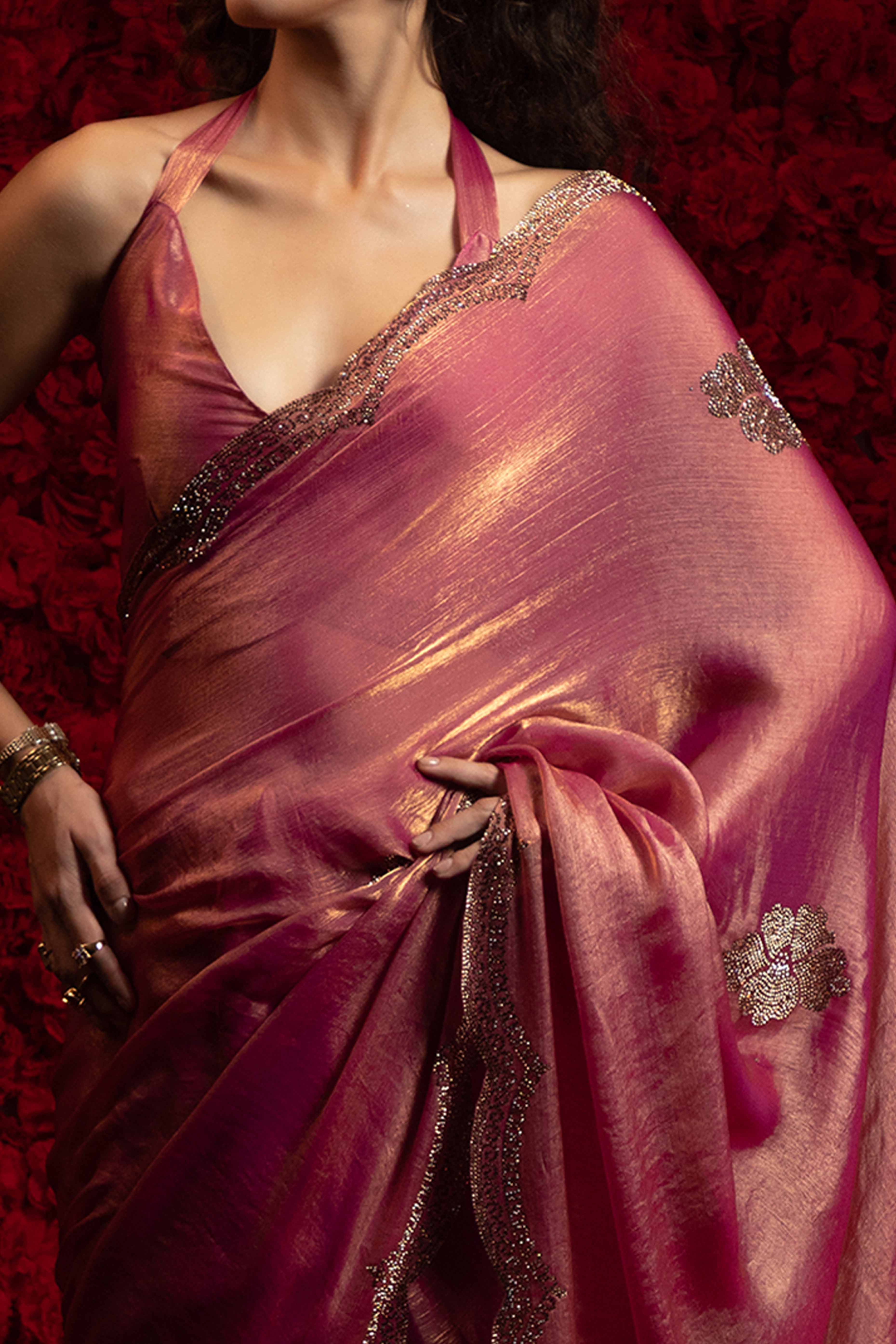 Magenta Stone Work Embellished Satin Chiffon Partywear Saree - Image 2