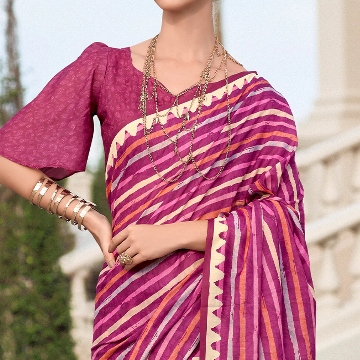 Magenta Striped Printed Mul Pure Silk Saree - Image 3
