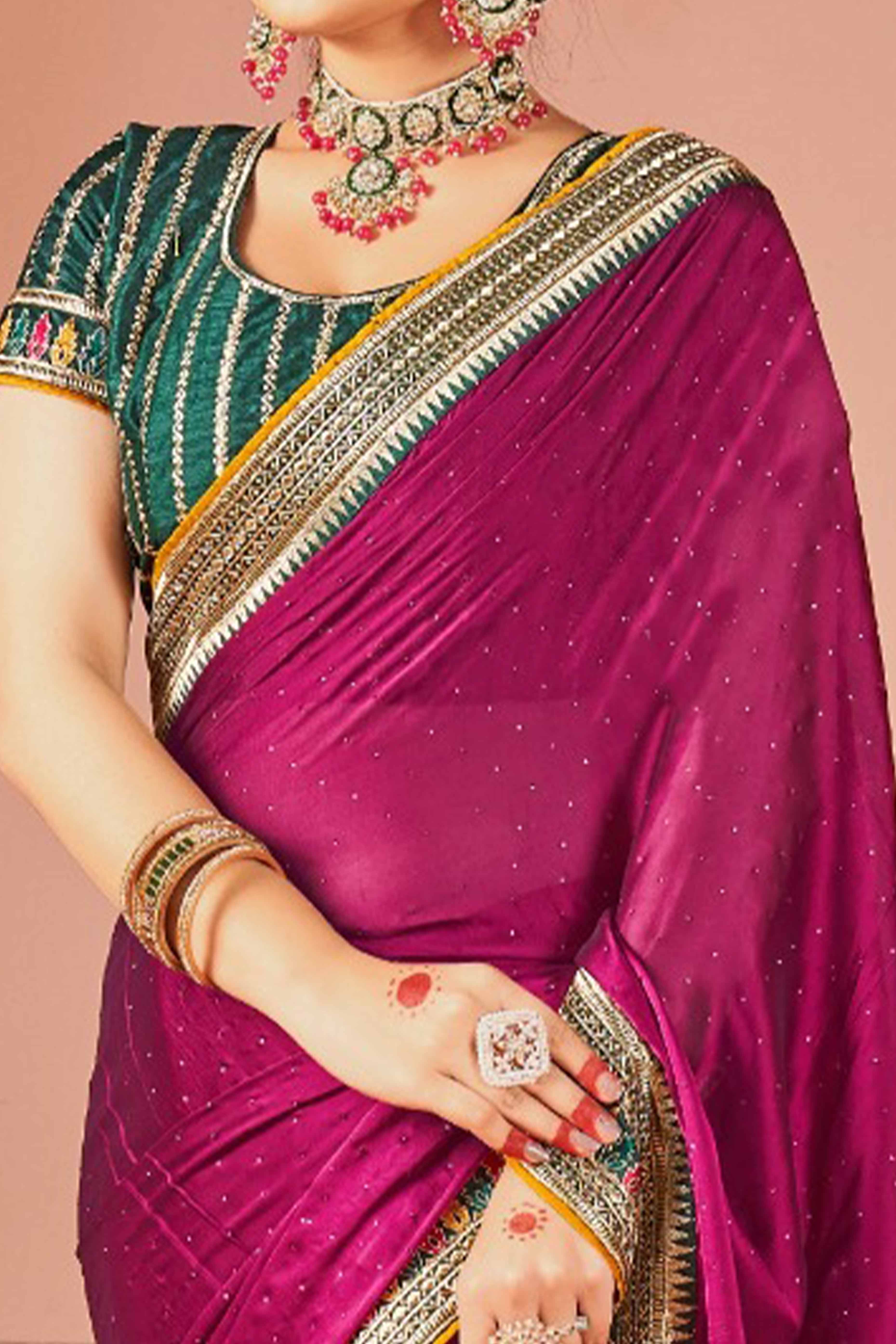 Magenta Swarovski Work Satin Rangoli Saree With Embroidered Border - Image 2