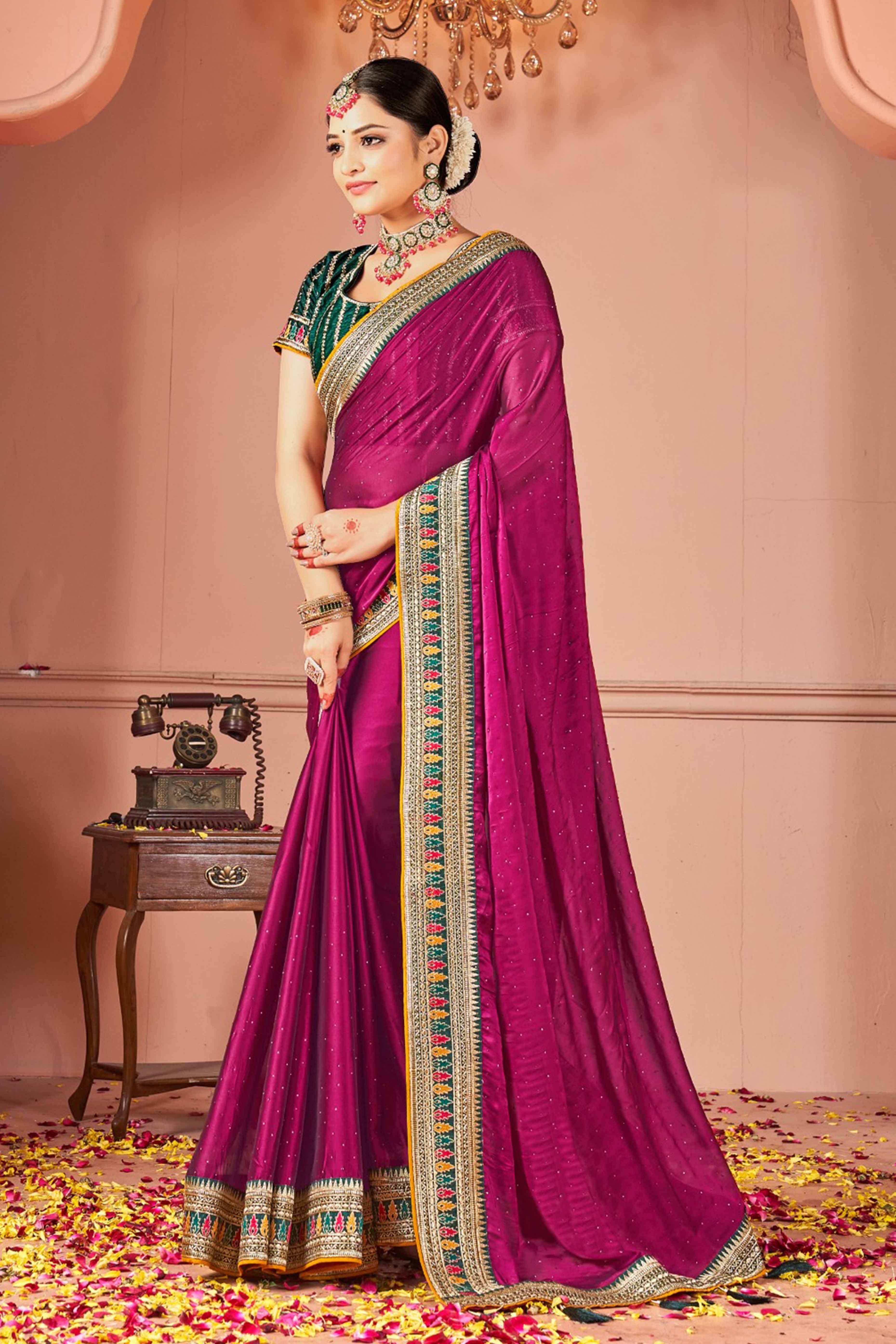Magenta Swarovski Work Satin Rangoli Saree With Embroidered Border - Image 3