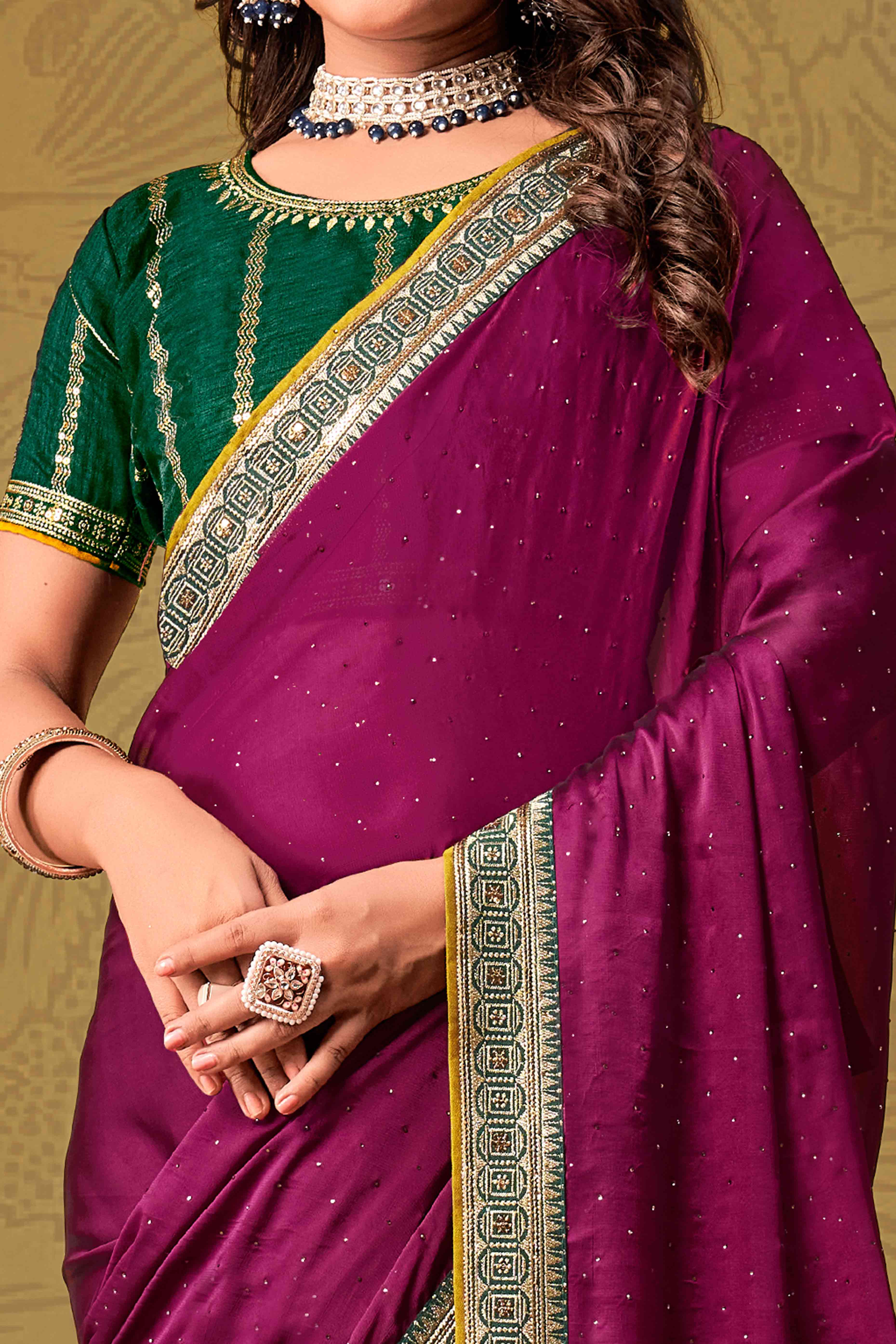 Magenta Swarovski Work Satin Saree With Designer Border - Image 2