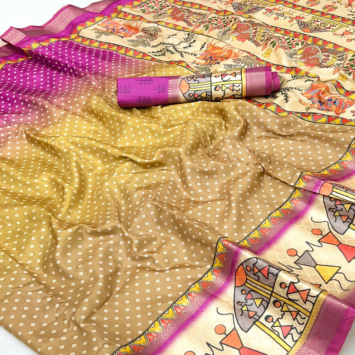 Magenta Traditional Bandhani & Warli Digital Printed Silk Blend Saree With Weaving Border - Image 2