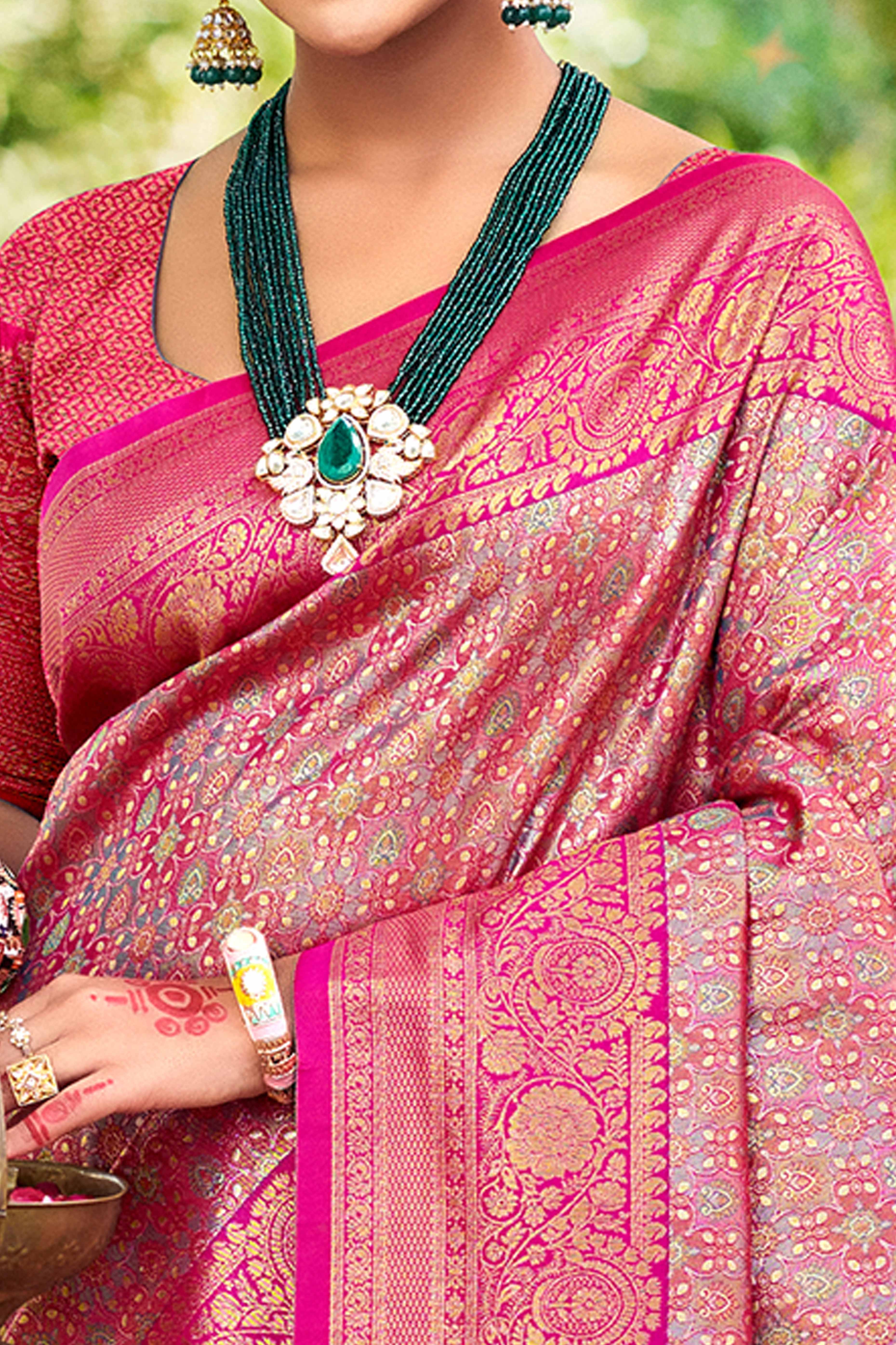 Magenta Traditional Silk Blend Dharmavaram Saree With Floral Weaves & Tassels Pallu - Image 2